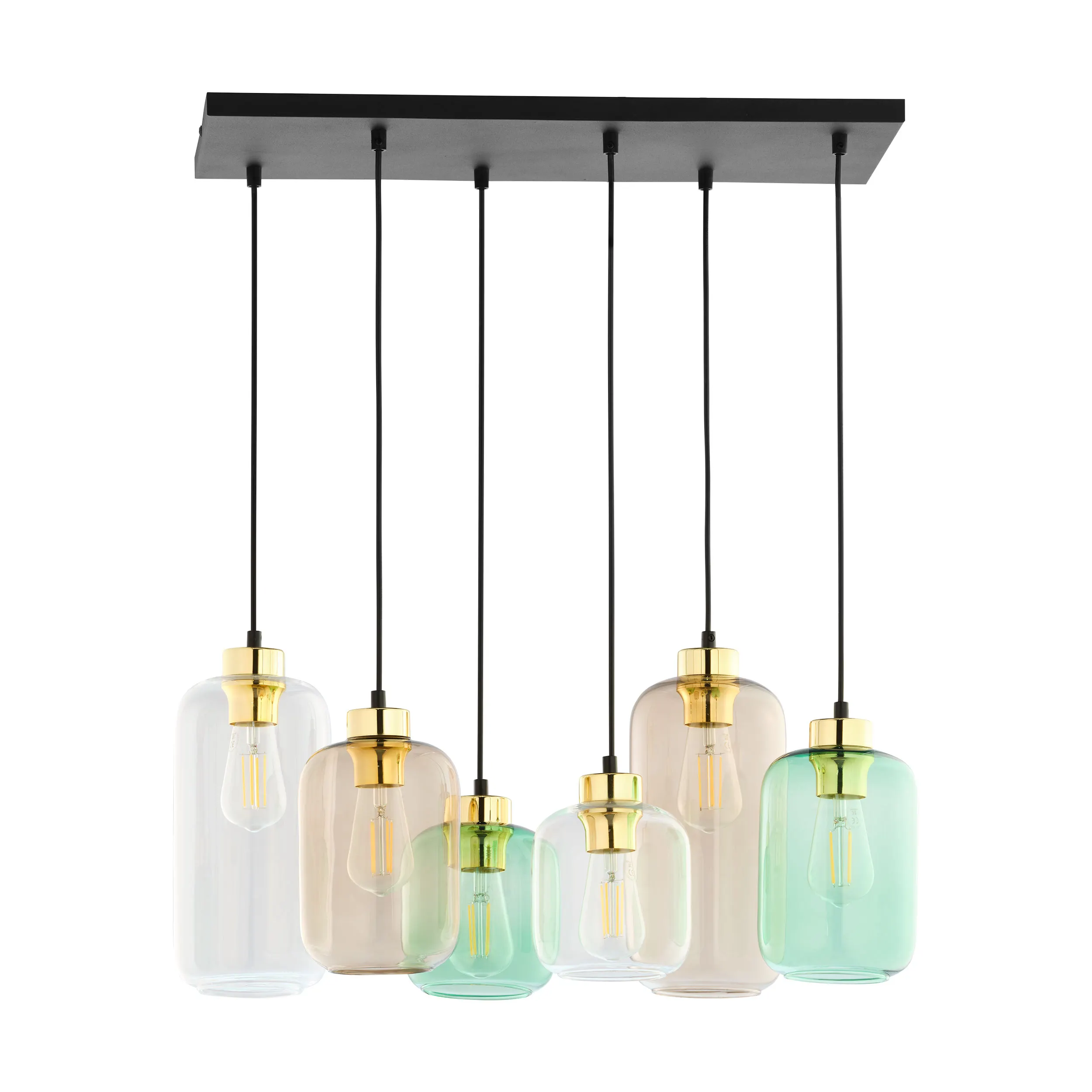 Lampa wisząca MARCO czarna ze złotymi elementami różnokształtne i różnokolorowe klosze transparentne brązowe i zielone 130x66x31cm