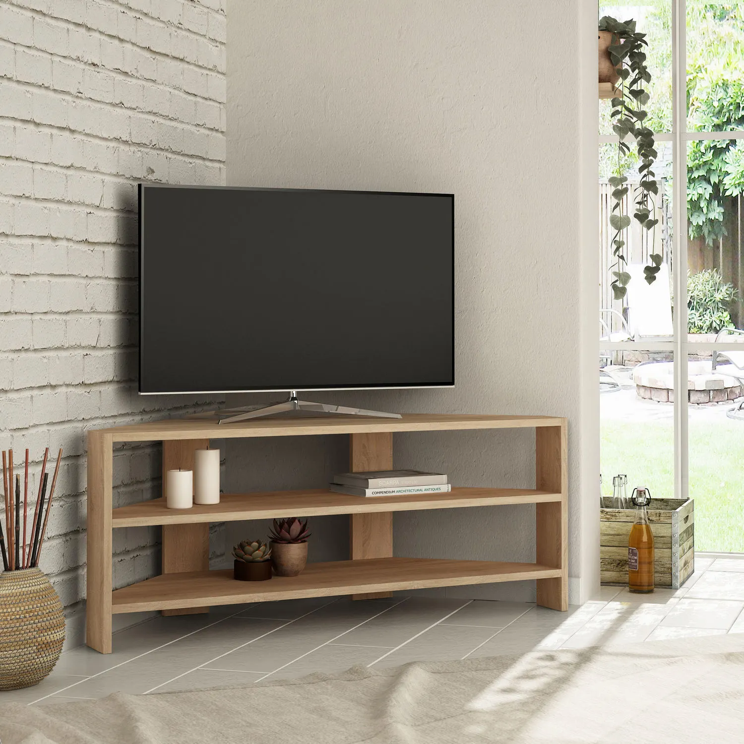 Stolik RTV drewniany narożny z półkami THALES CORNER 140 cm dąb naturalny
