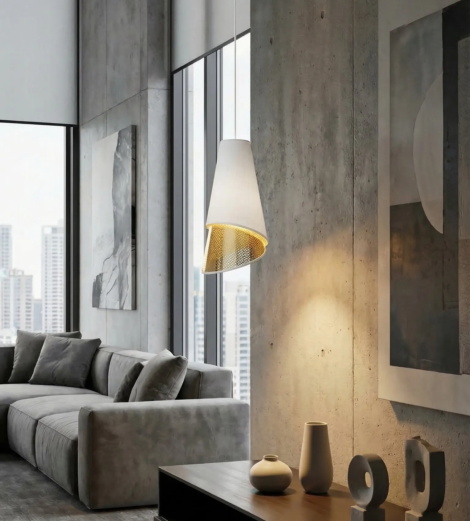 lampa wisząca, modny design, industrialny salon, sofa tapicerowany, dekor ceramiczny
