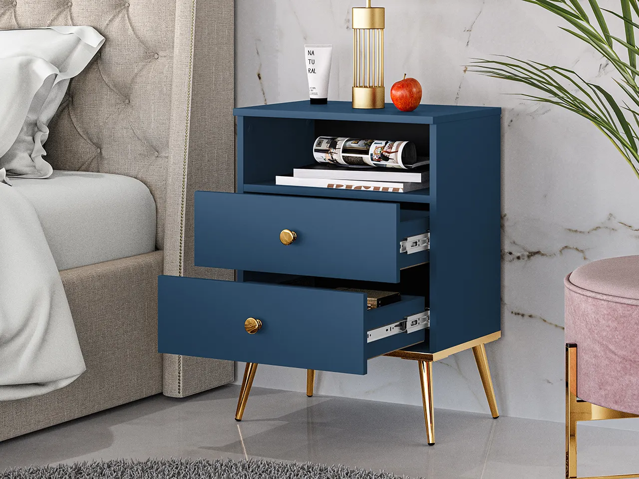 Szafka nocna z szufladami MARINE 50x54 niebiesko-złota - 1MARI10-001