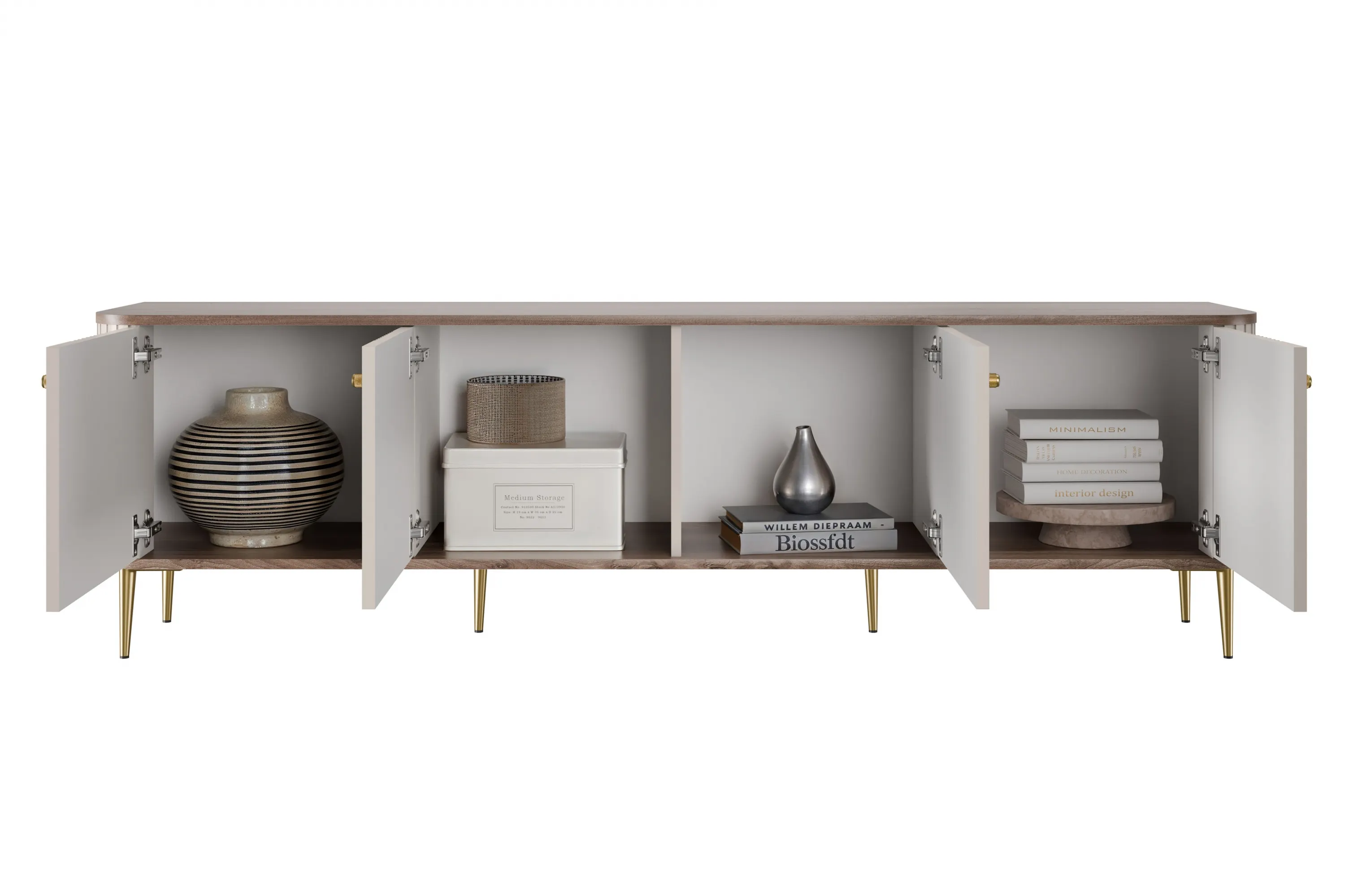 Szafka RTV 4-drzwiowa VESPER RTV 187 ryflowany front cashmere złote nogi - B_163714