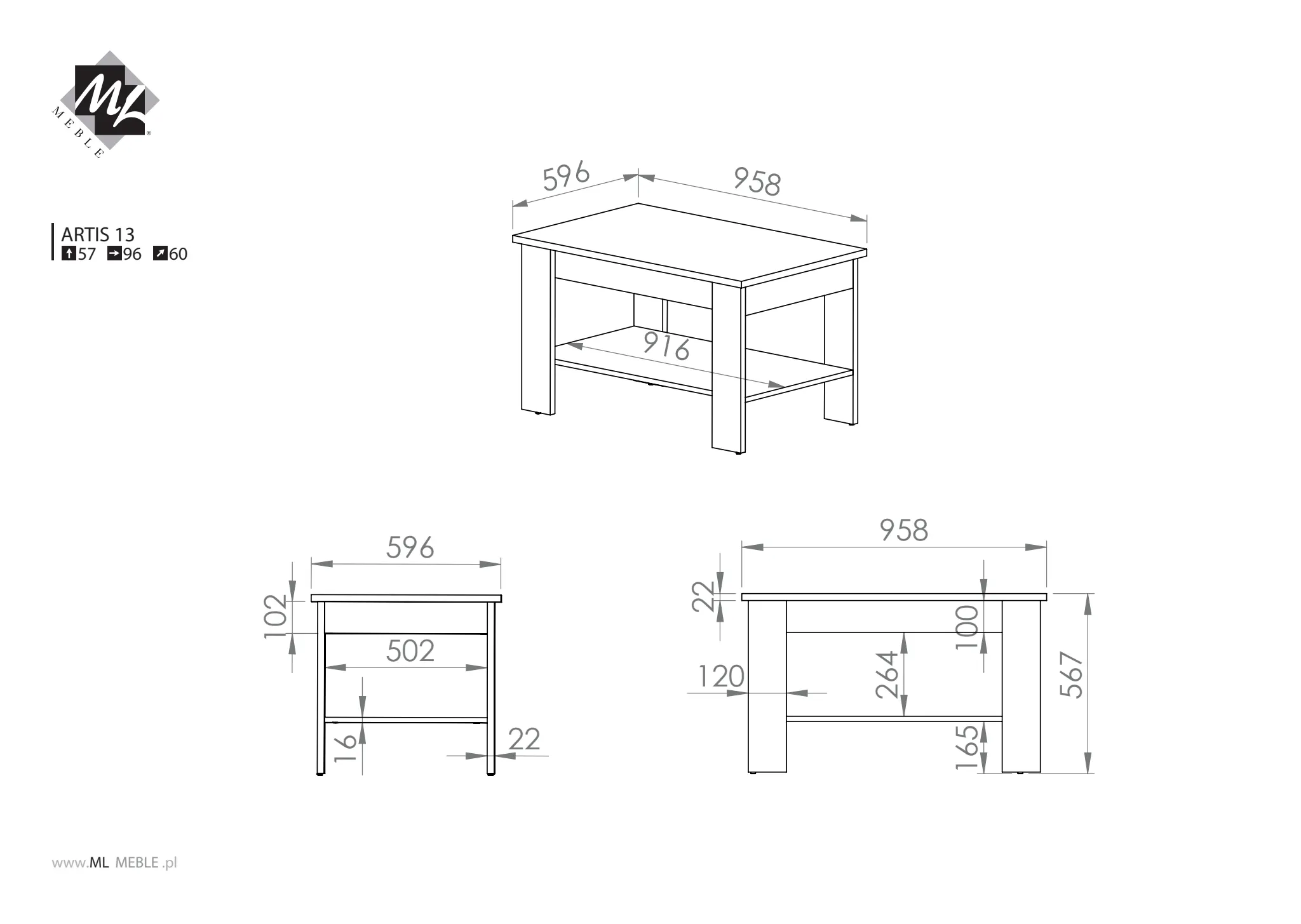 Stolik kawowy z półką ARTIS 13, dąb artisan 60x96cm - 1ARTI13-001