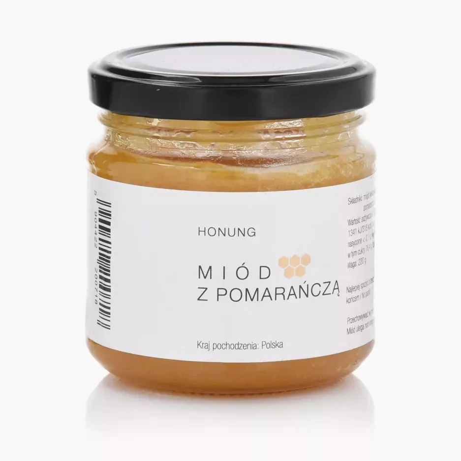 miód pomarańczowy, miód, słoik, płynny produkt, etykieta prostokątna