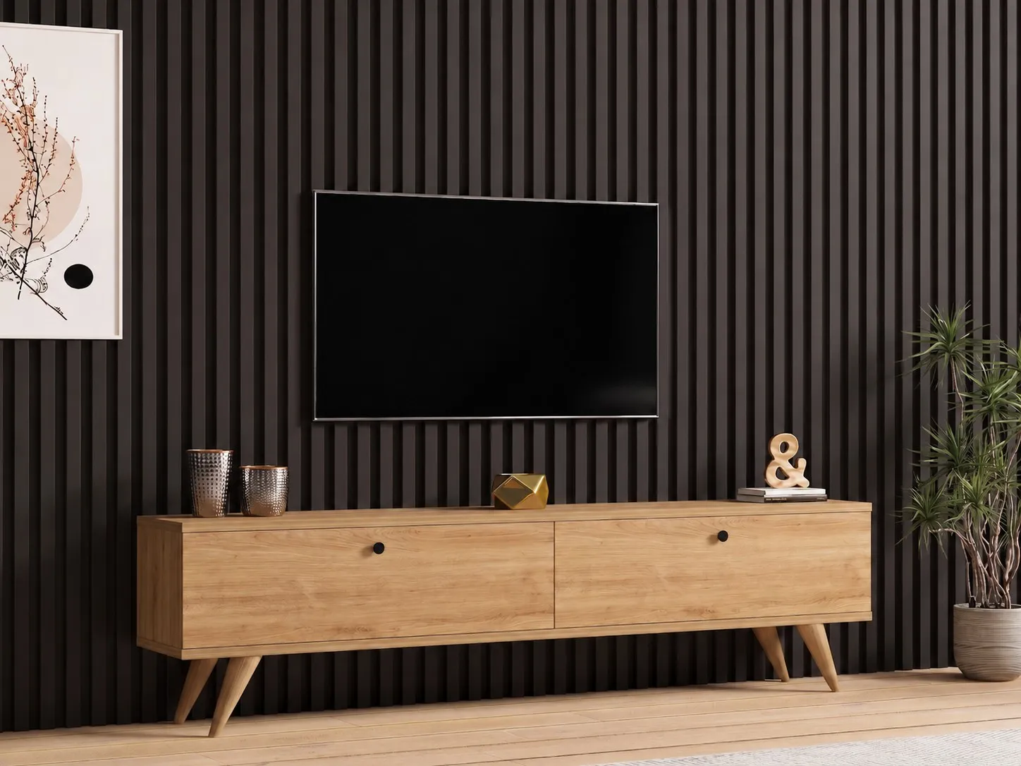 image tv, telewizor, konsola, drewniana szafka, dekoracja ścienna