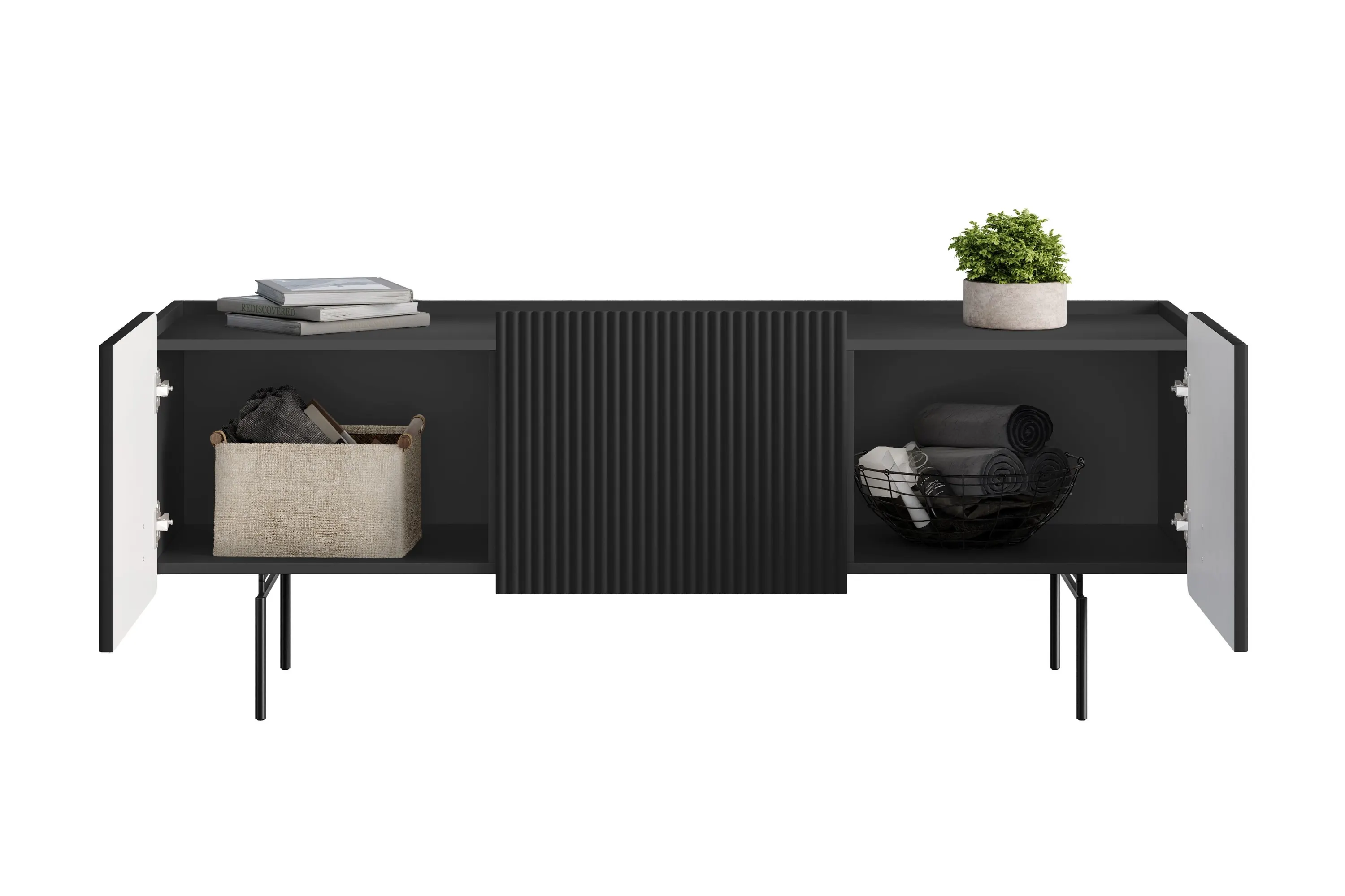 Szafka RTV 2-drzwiowa z 1 szufladą MALMI 150cm - czarna - czarne nogi - B_166986