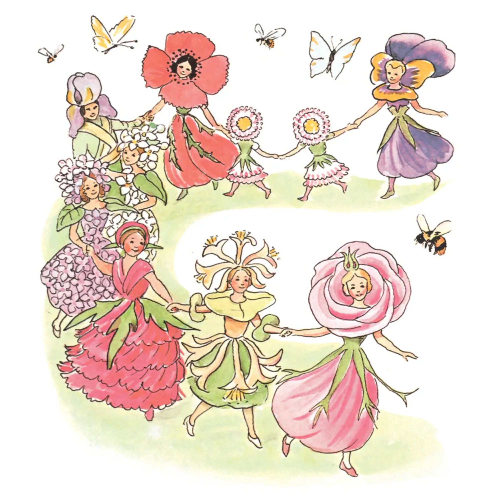 tańczące wróżki, stroje z kwiatów, scena ogrodowa, różowa suknia, kapelusze z kwiatów