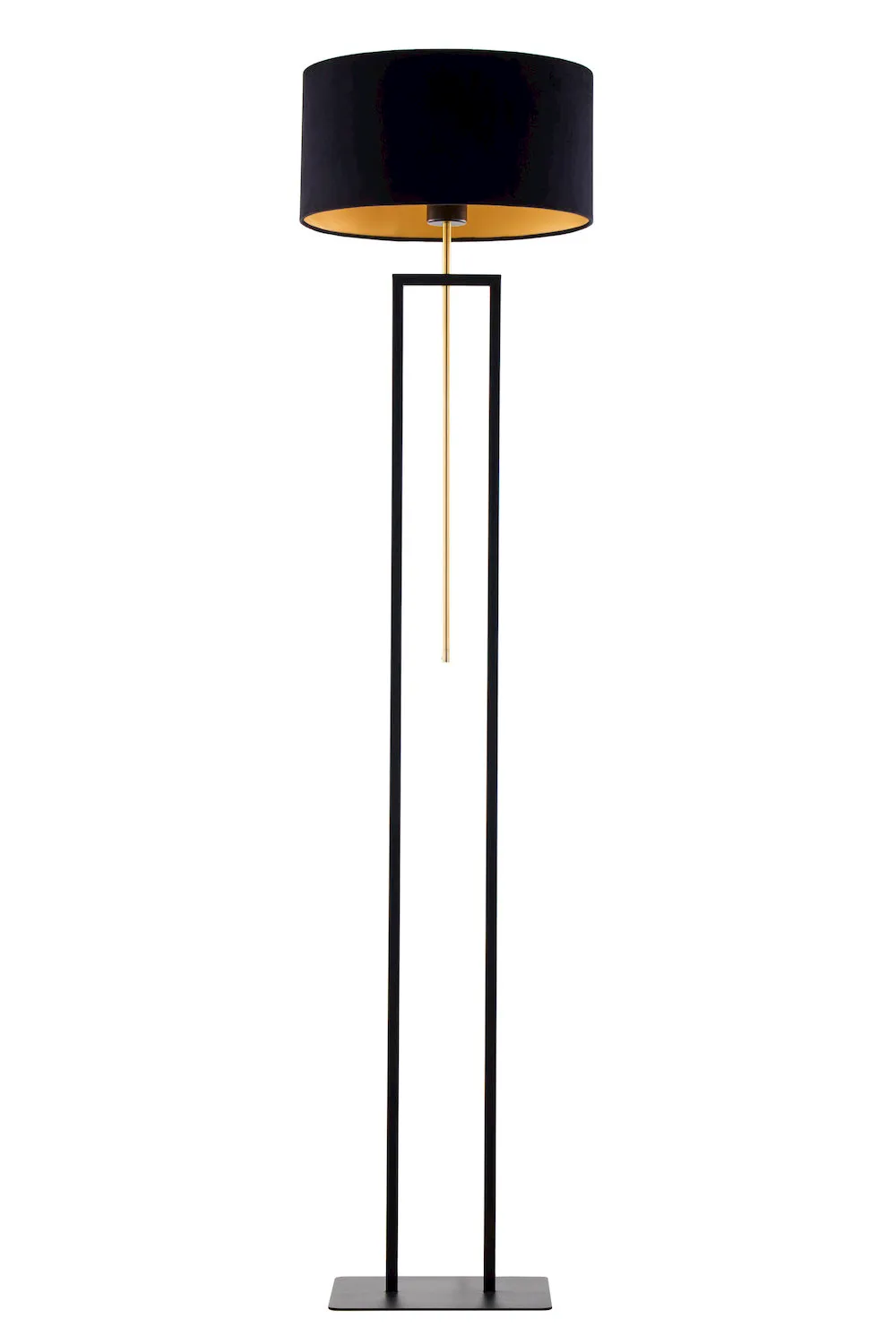 lampa stojąca, lampka podłogowa, czarny abażur, metalowa konstrukcja, złoty element