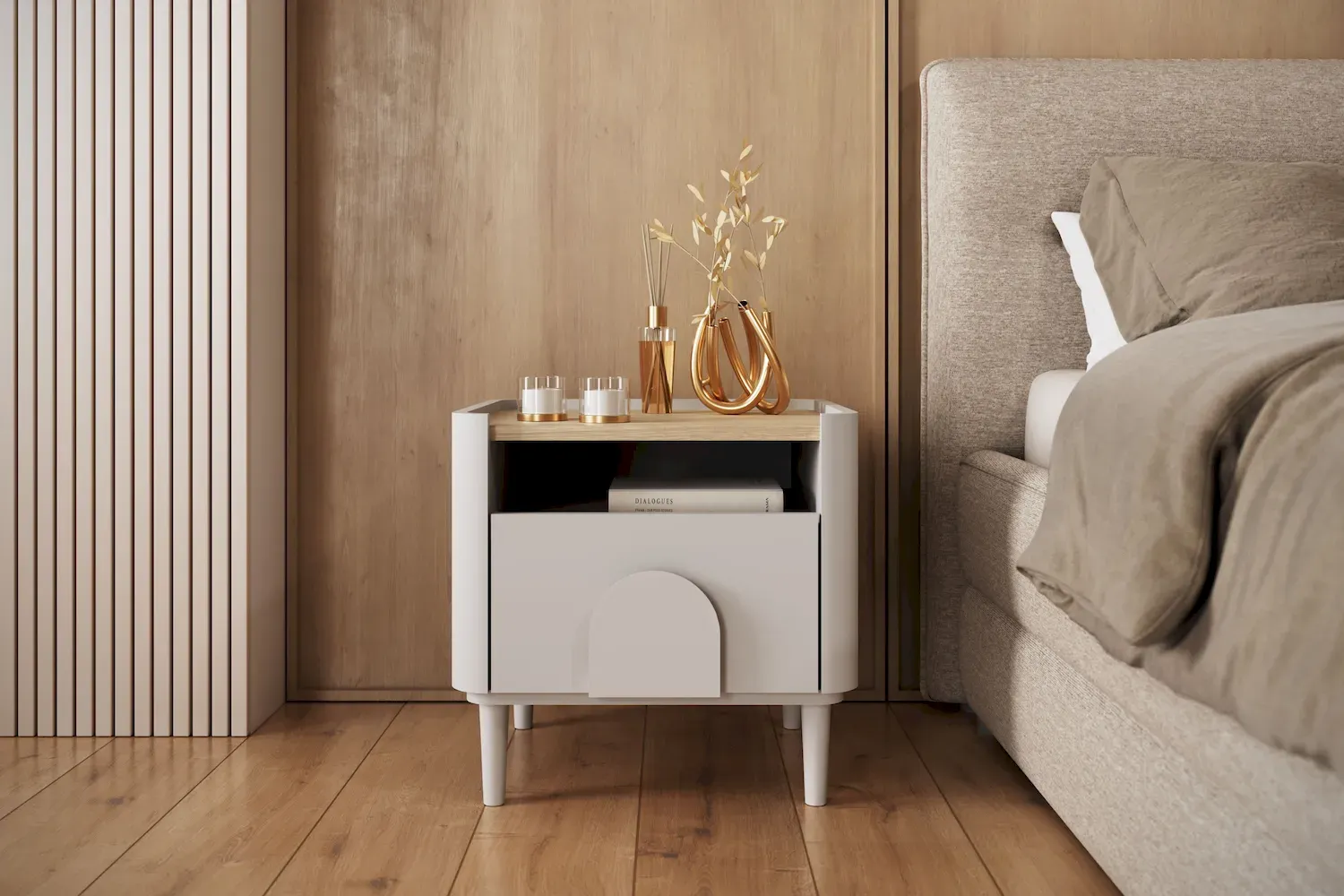 Szafka nocna z 1 szufladą i półką AMILIO 50 - cashmere dąb olejowany uchwyty cashmere nogi cashmere - B_169208