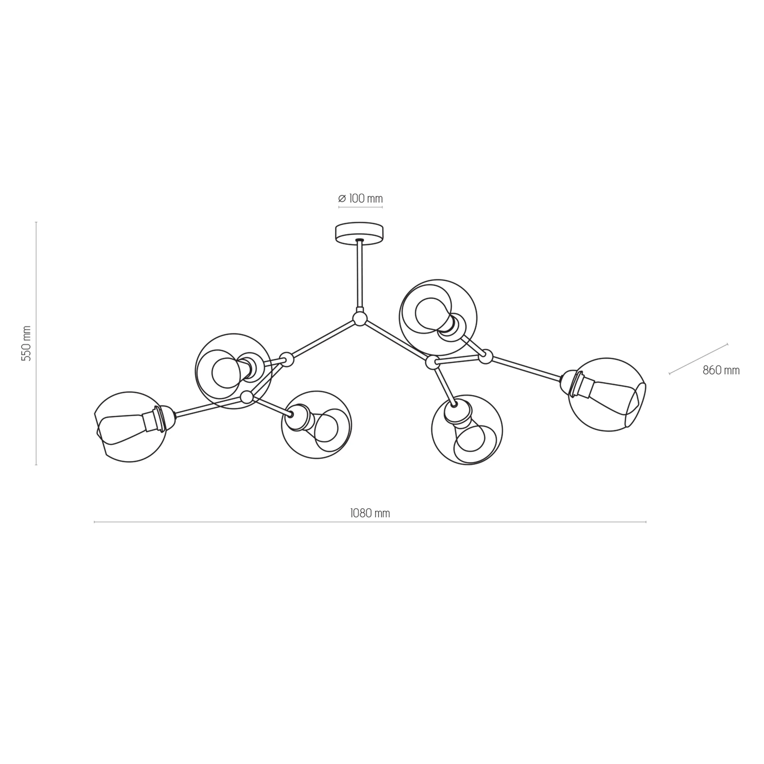 Lampa sufitowa FAIRY czarna z transparentnymi szarymi szklanymi okrągłymi kloszami 198x86x55cm - TK_2731