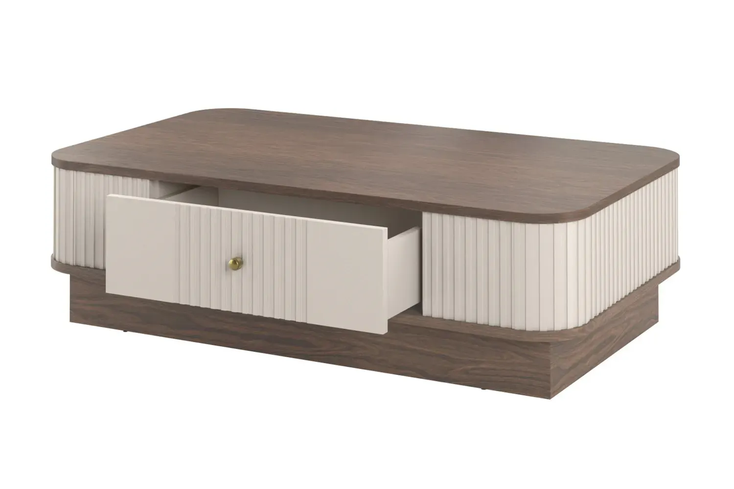 Stolik kawowy z szufladą VESPER ryflowany front - cashmere orzech złoty uchwyt cokół - B_169461