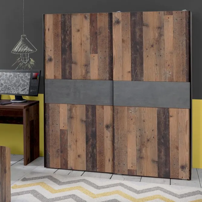 Szafa 2-drzwiowa CLIF drzwi przesuwne z panelem 170 cm, old wood vintage, beton - W3NS823E5-C754