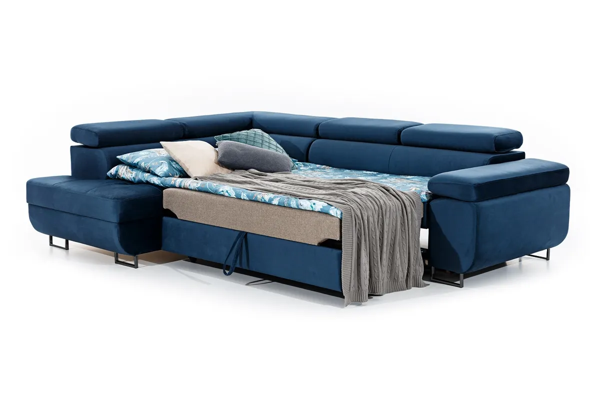 Narożnik lewostronny ANNABELLE L regulowane zagłówki nogi czarne tkanina Monolith 77 granatowy - B_165782