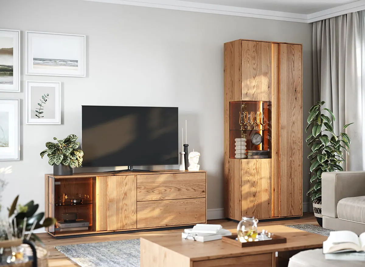 Komoda TV dębowa COLLODI z przeszkleniem i oświetleniem 185 cm - dąb olejowany - ZICOL09