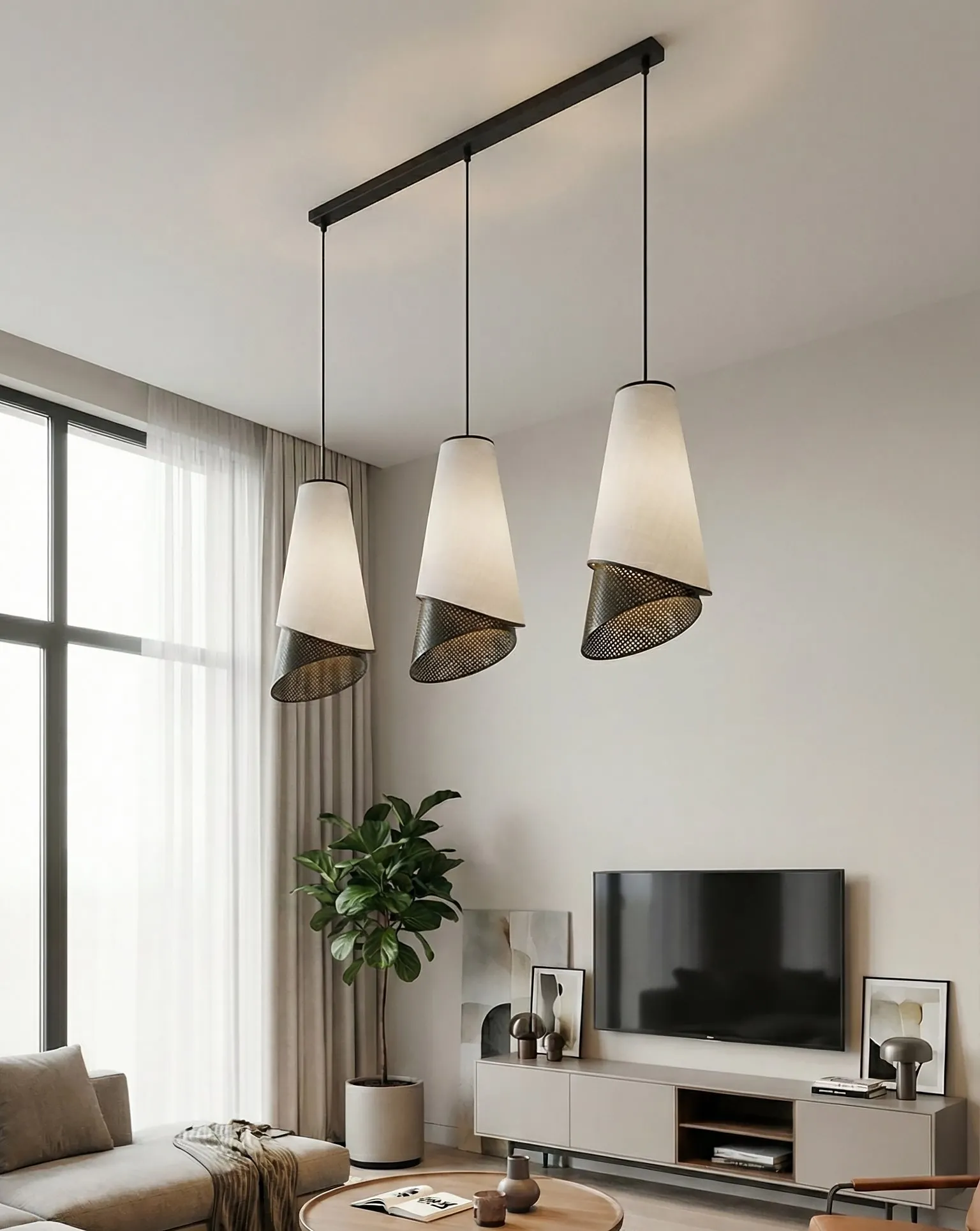 lampa wisząca, trzy lampy, kinkiety, mebel domowy, kolor beżowy