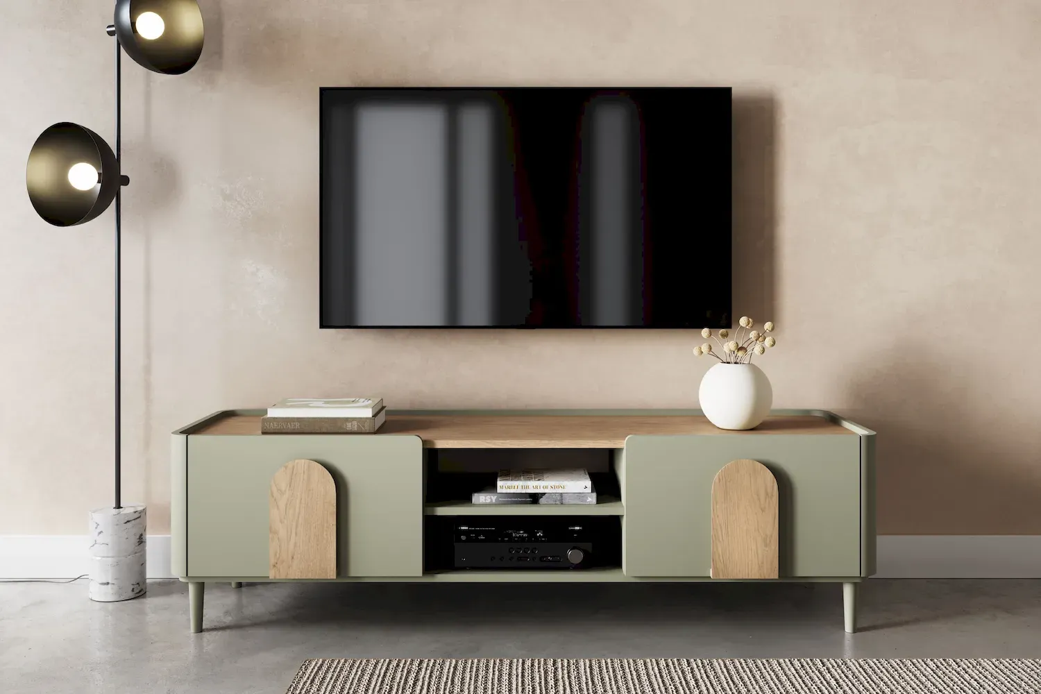 Szafka RTV z klapą i szufladą AMILIO 170 - eukaliptus dąb baltic dune /chwyty dąb naturalny nogi eukaliptus - B_169230