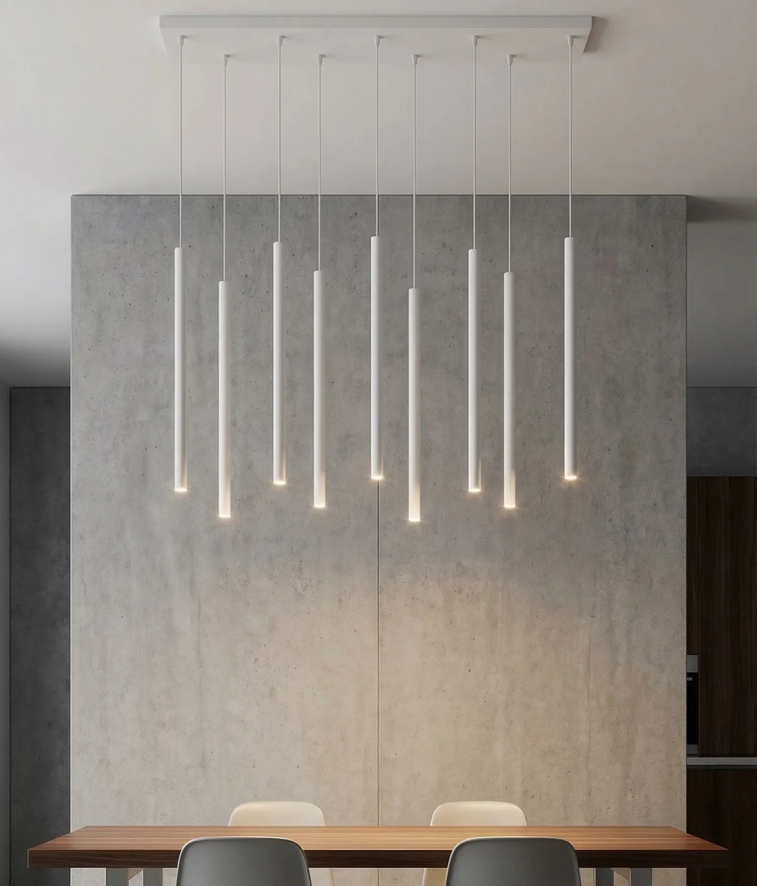lampa wisząca, pendant light, minimalist, korygowana drewniana deska, jadalnia wiszące lampy