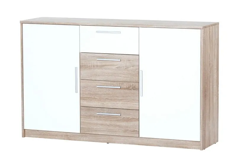 Komoda MILO 5 2-drzwiowa z szufladami dąb sonoma biała 145x90x38cm