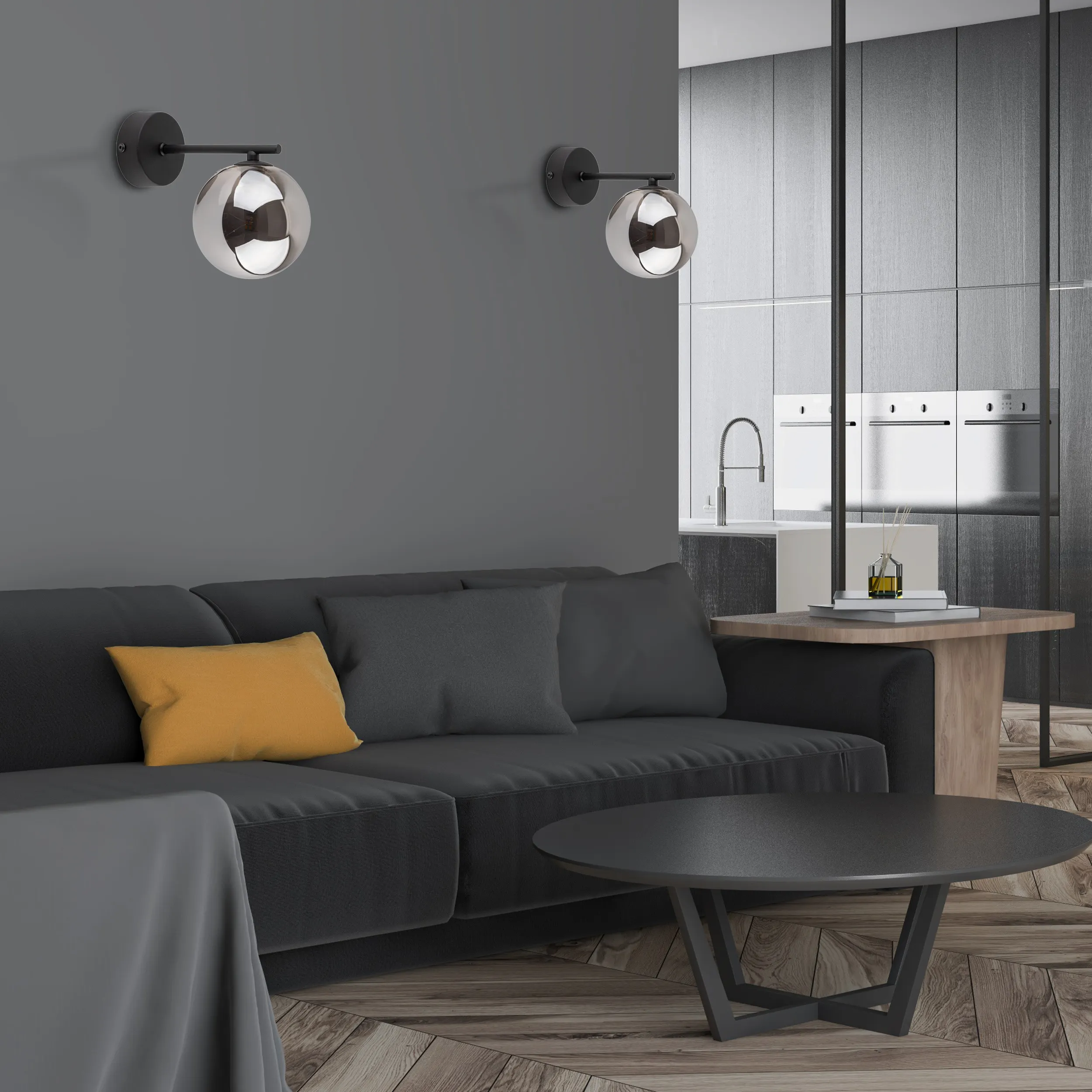 Kinkiet ESTERA czarny z szarym lustrzanym okrągłym kloszem 22x17x12cm - TK_4777