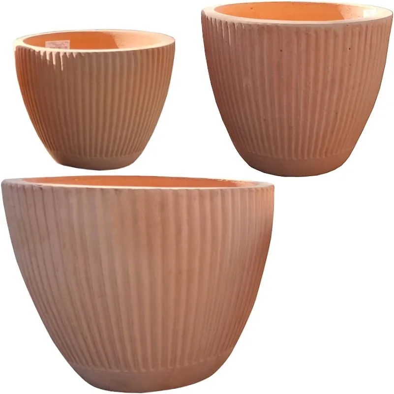 Donice terakotowa gliniana D25 ryflowane - Zestaw 3 sztuk - naturalny - CI_129821