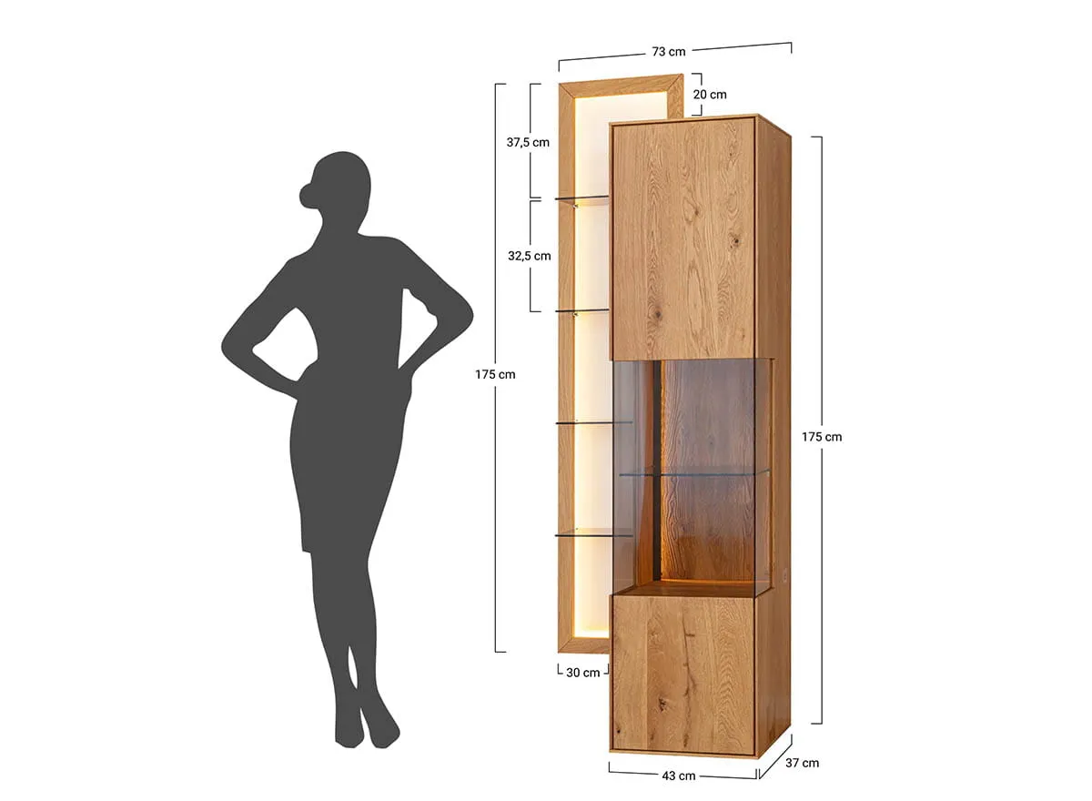 Witryna z regałem dębowa COLLODI z oświetleniem - dąb olejowany - ZICOL03