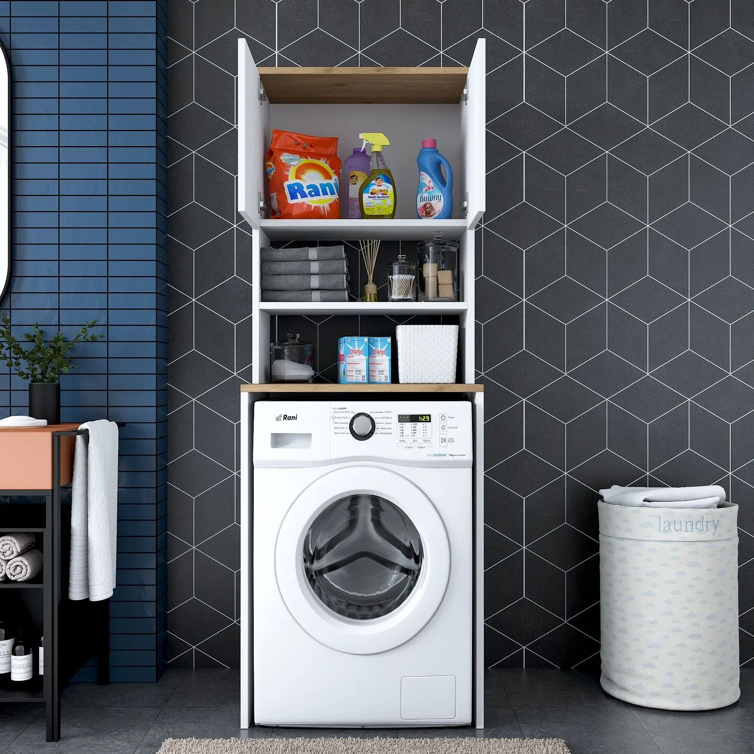 Zabudowa na pralkę z regałem KD101 szer.65 wys. 183,6 biały orzech - ASI_543WRN1201