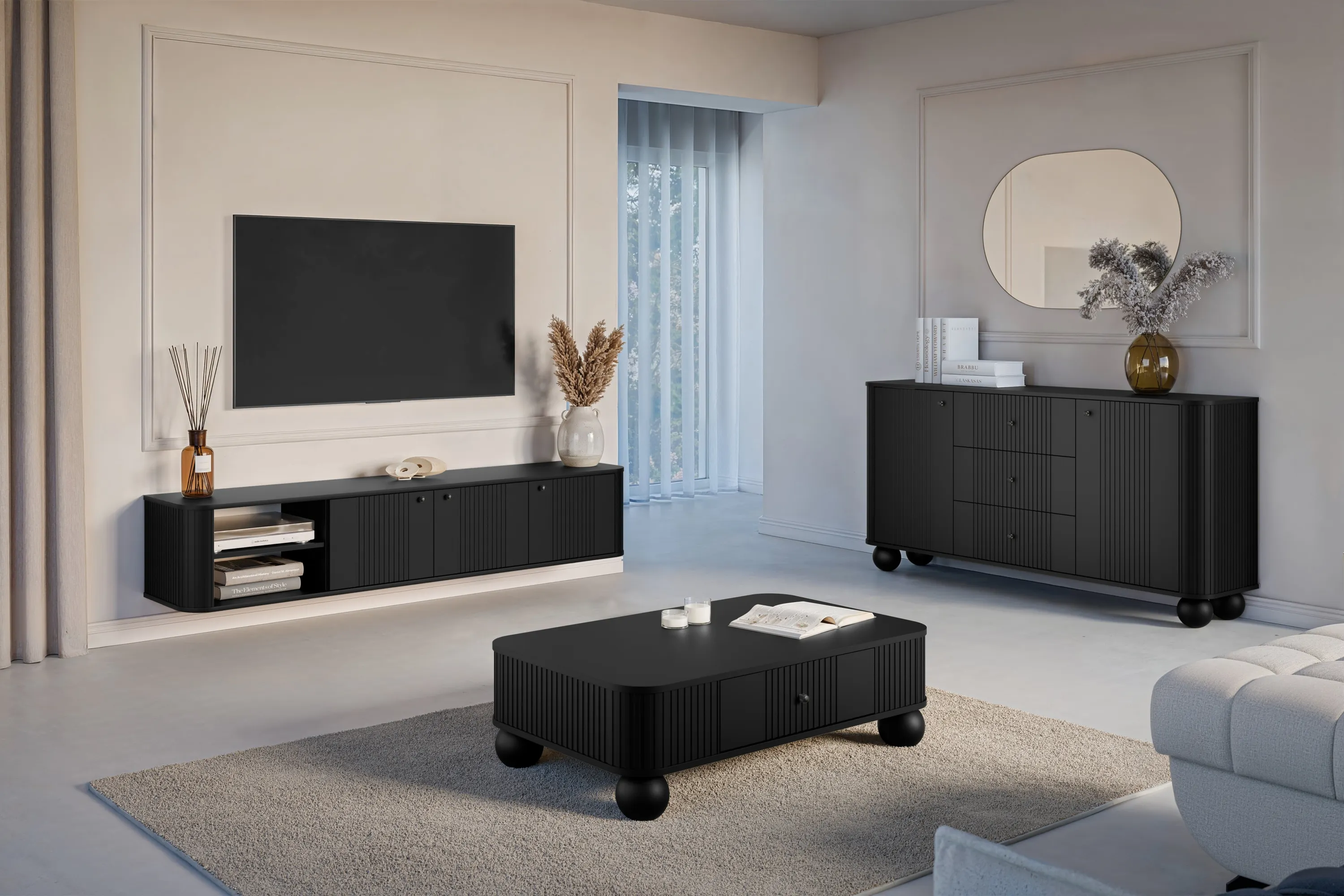 Szafka RTV wisząca 3-drzwiowa VESPER RTV 187 ryflowany front czarna czarne uchwyty - B_163700