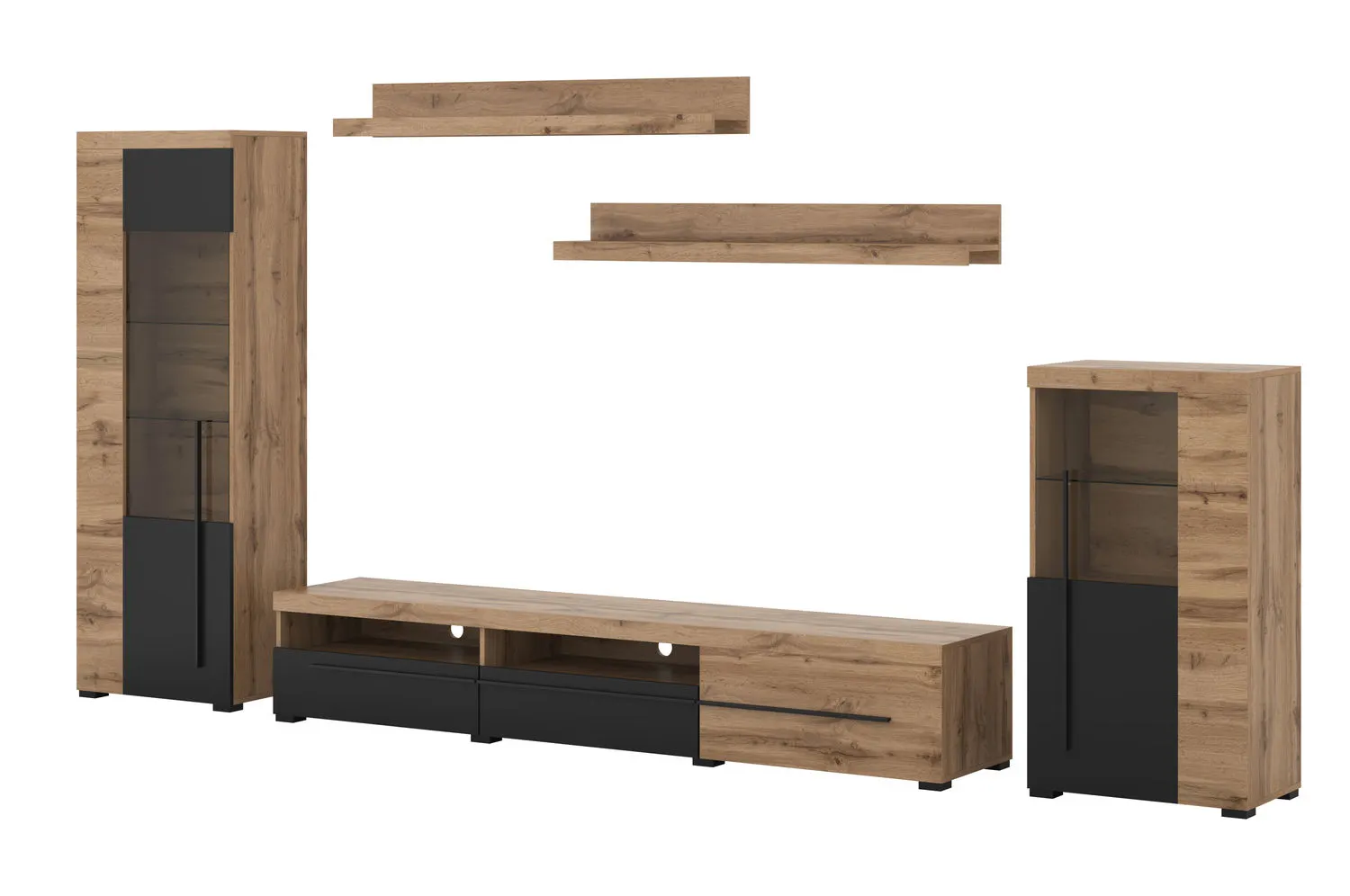 Meblościanka ROGER 11 dąb wotan/czarny Meble, Kredens, Centrum rozrywki, Drewno, Szafka