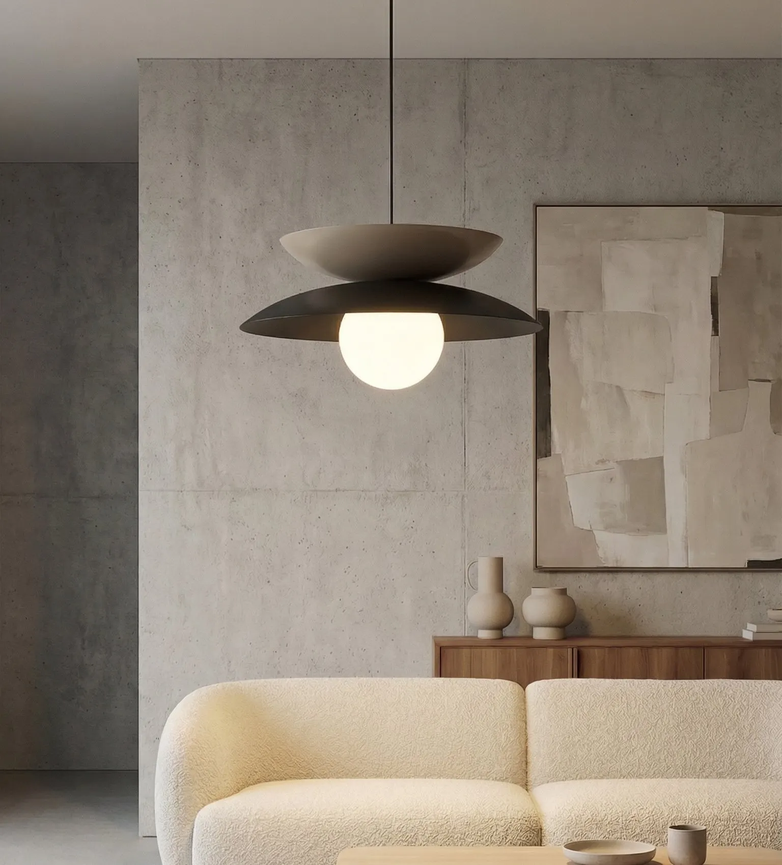 lampa wisząca, minimalistyczna, kolor neutralny, metalowa konstrukcja, sofa tapicerowana