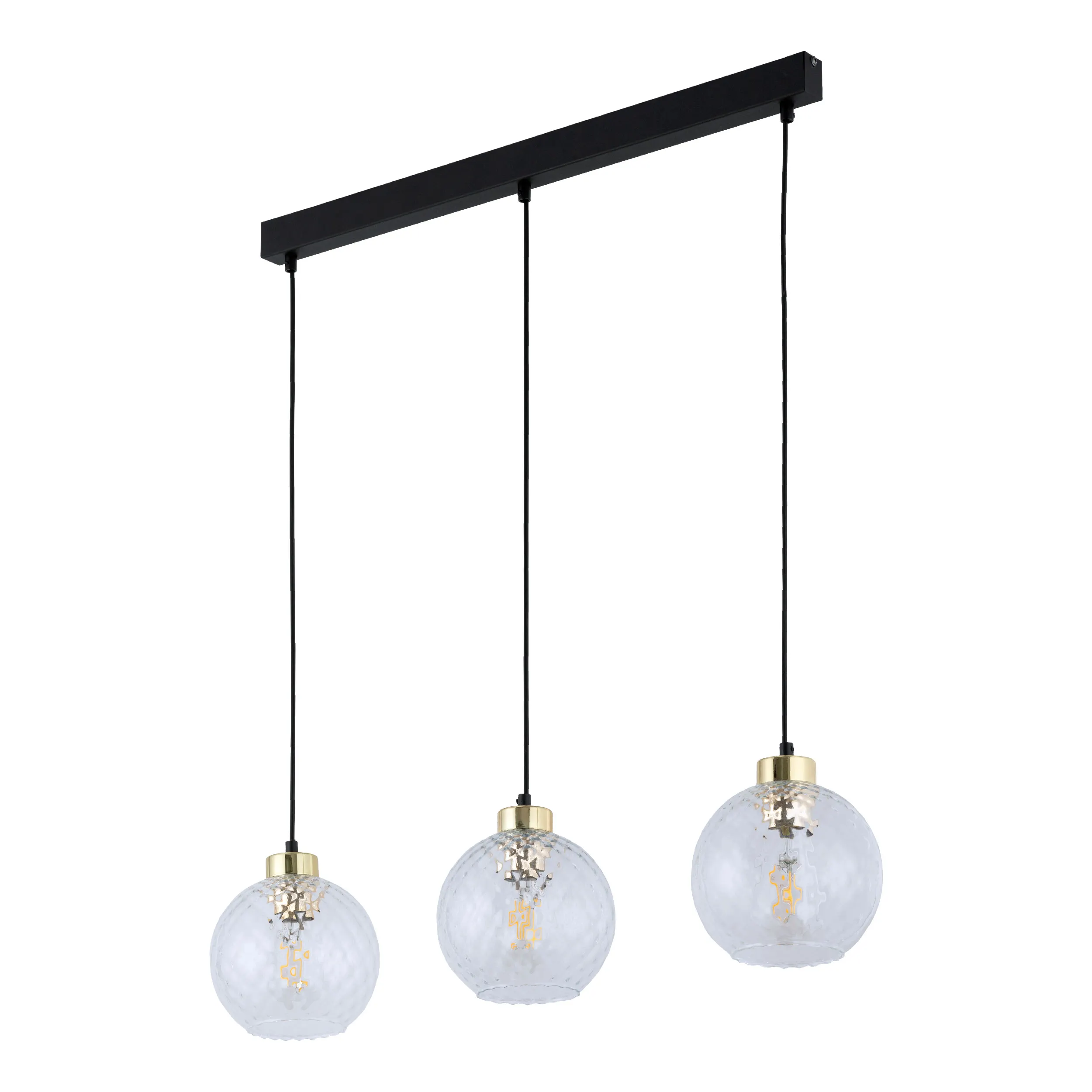 Lampa wisząca DEVON czarna ze złotymi elementami i trzema kryształowymi szklanymi okrągłymi kloszami na listwie 100x82x18cm