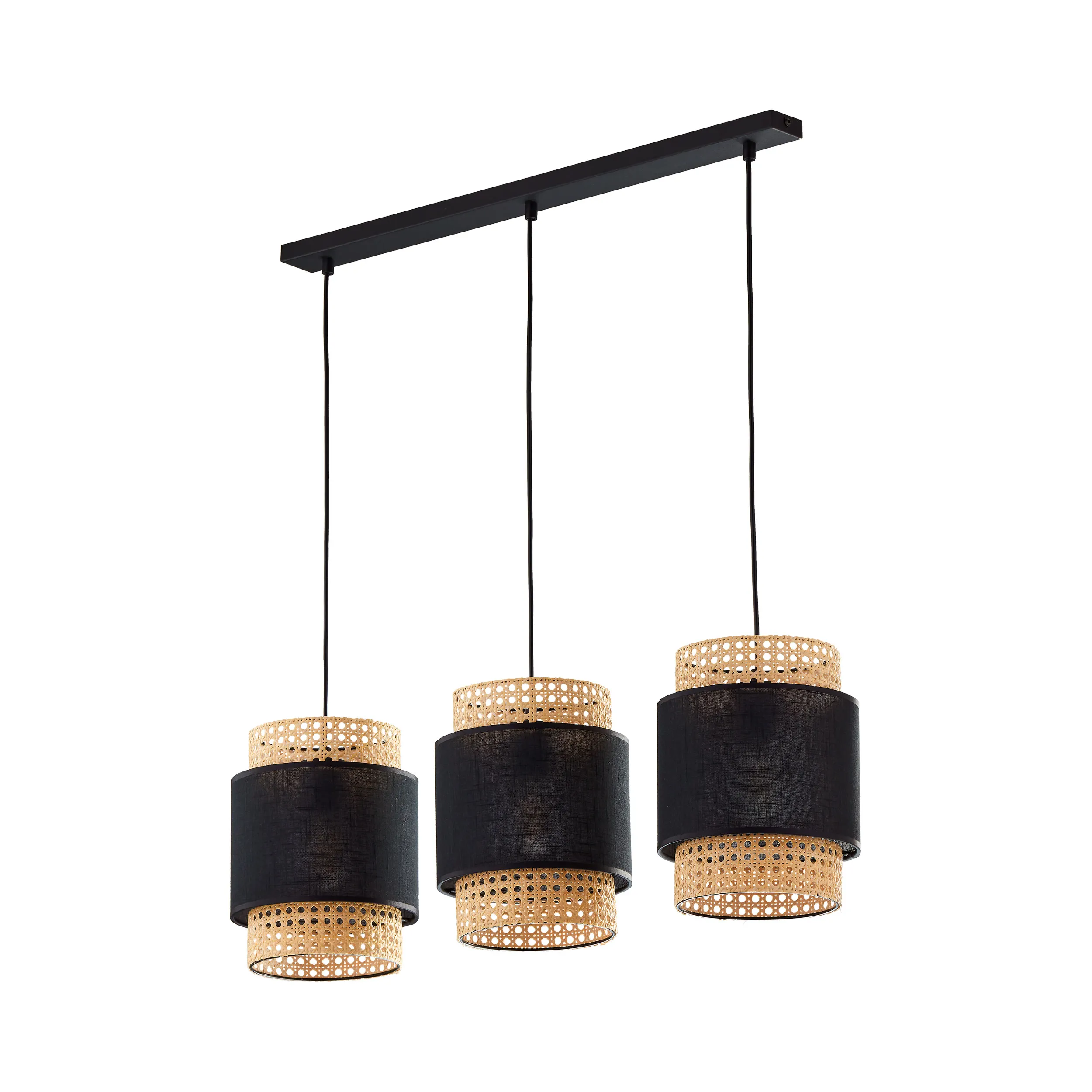 Lampa wisząca BOHO czarna z brązowymi elementami klosza z tkaniny plecionki na metalowej listwie 120x80x20cm