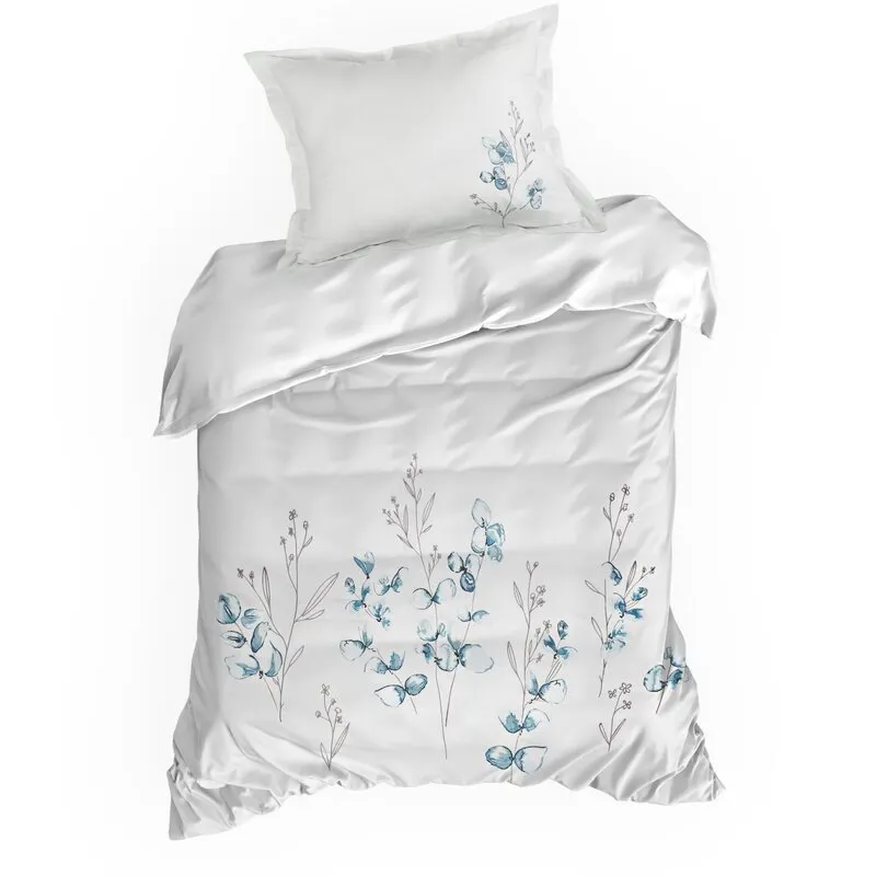 KOMPLET POŚCIELI SATYNOWEJ HAFT 220 X 200 CM BIAŁY NIEBIESKI WZÓR - EU_449115