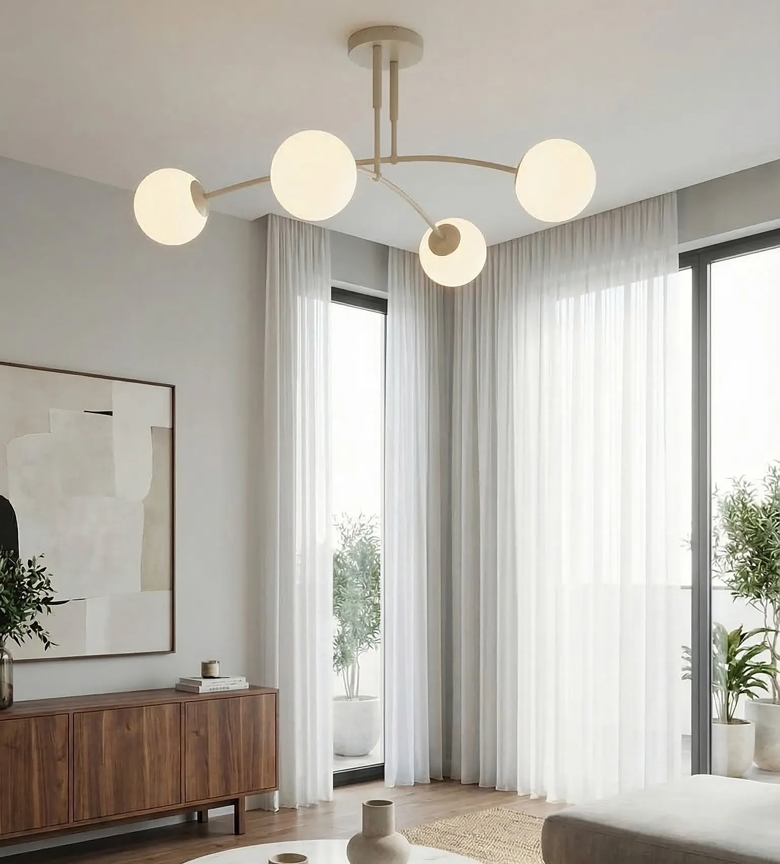 image lampa sufitowa, globus LED, modern design, biała kolorystyka, salon