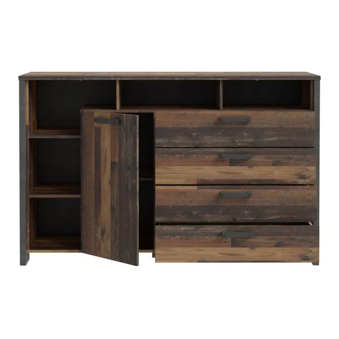 Komoda CLIF 1-drzwiowa z regałem i 4 szufladami - old wood vintage, beton - CLFK352L-C546