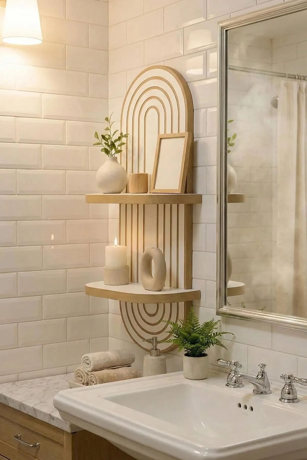 image lustrzany efekt, regał ścienny w półkolach, ceramiczne ozdoby, świeca i podstawka, użytkowa umywalka