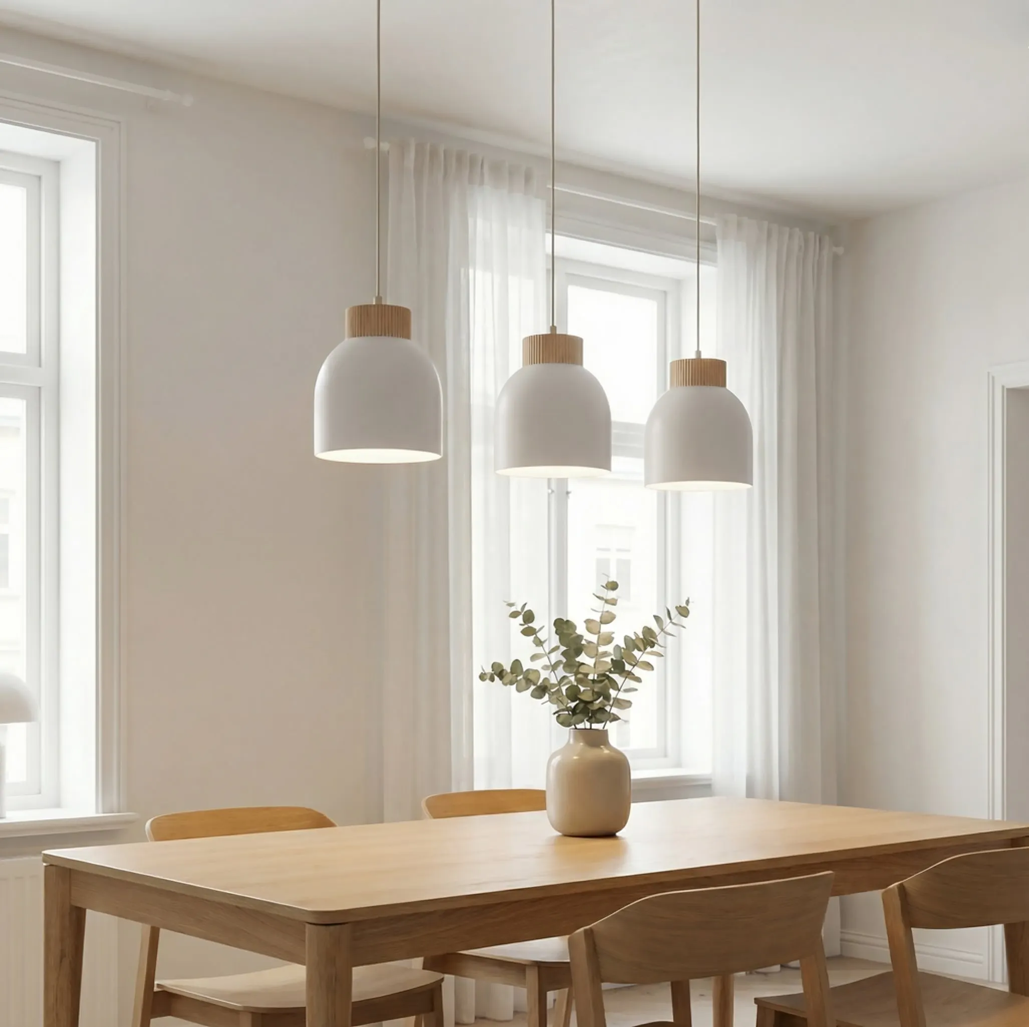 lampy wiszące, kinkiet sufitowy, drewniane, stół drewniany, neutralne wnętrze