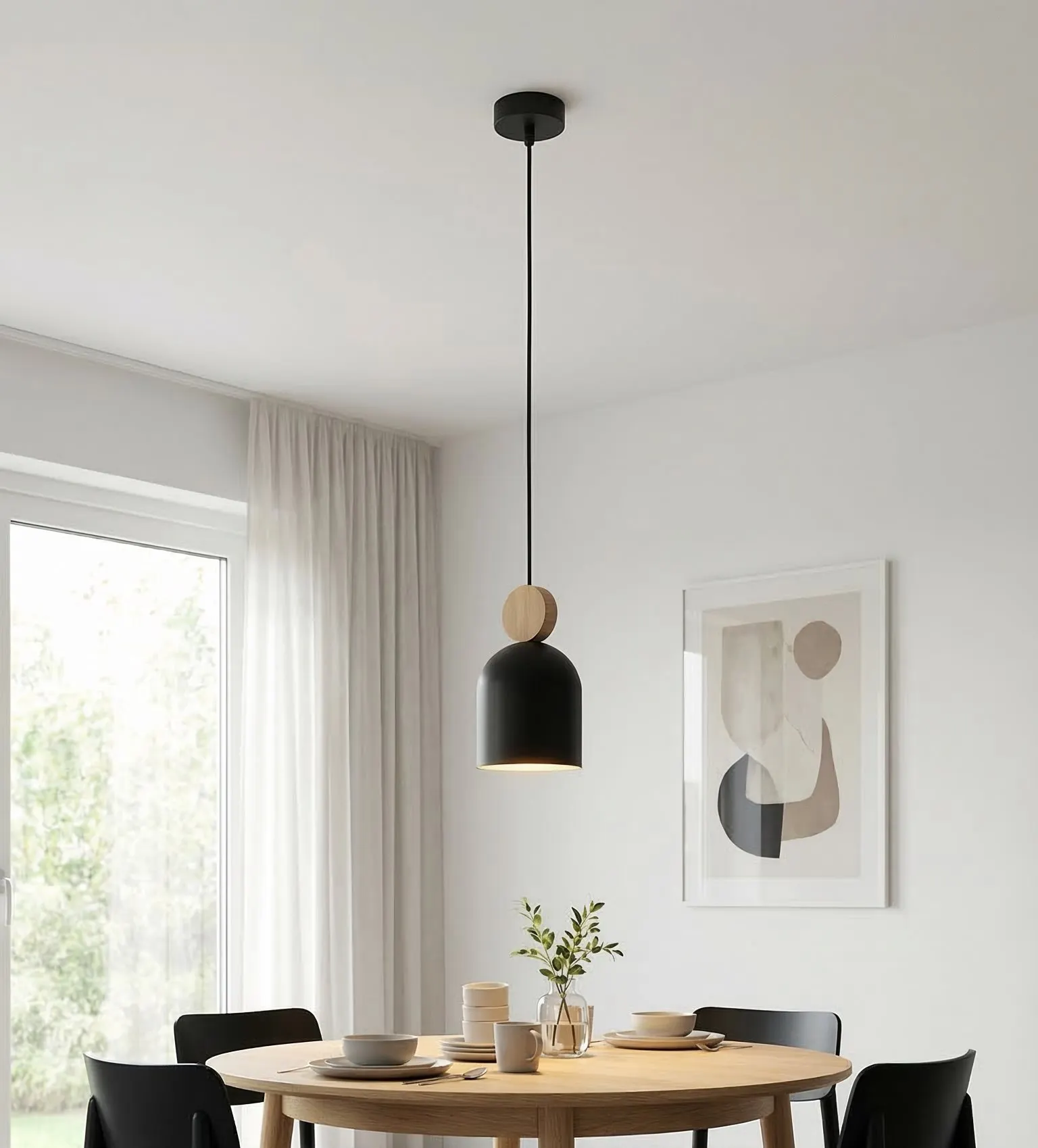 lampa wisząca, czarna lampa, stół drewniany, jadalnia, geometria dekoru