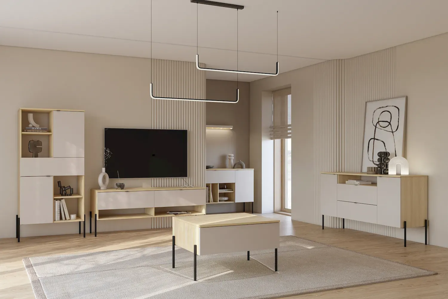 Komoda 2-drzwiowa z 2 szufladami i wnęką ORE 140 cm dąb lindberg kaszmir czarne nóżki - 24LKOG26