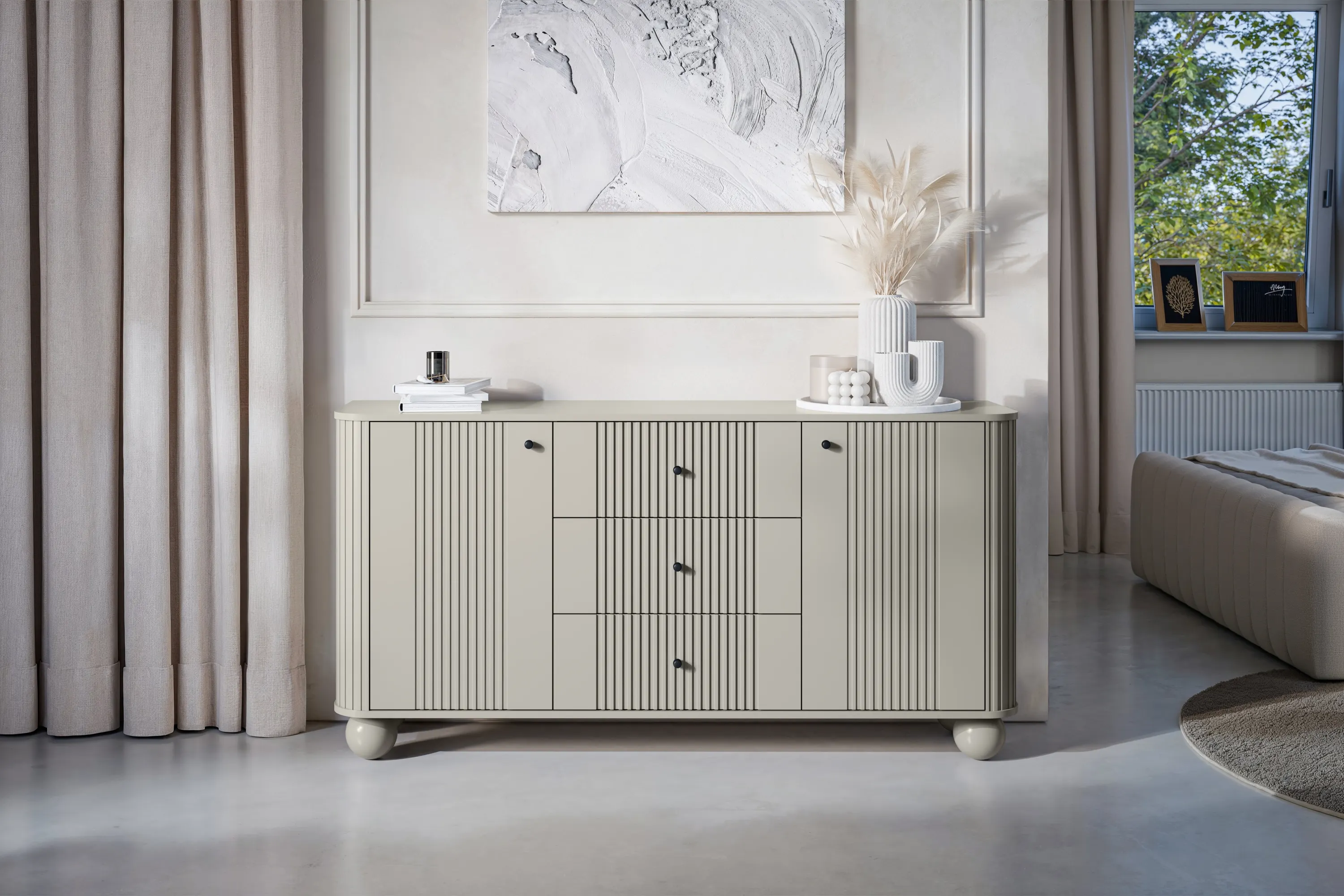 Komoda 2-drzwiowa z 3 szufladami VESPER 160 ryflowany front cashmere czarne uchwyty nogi kule - B_163602