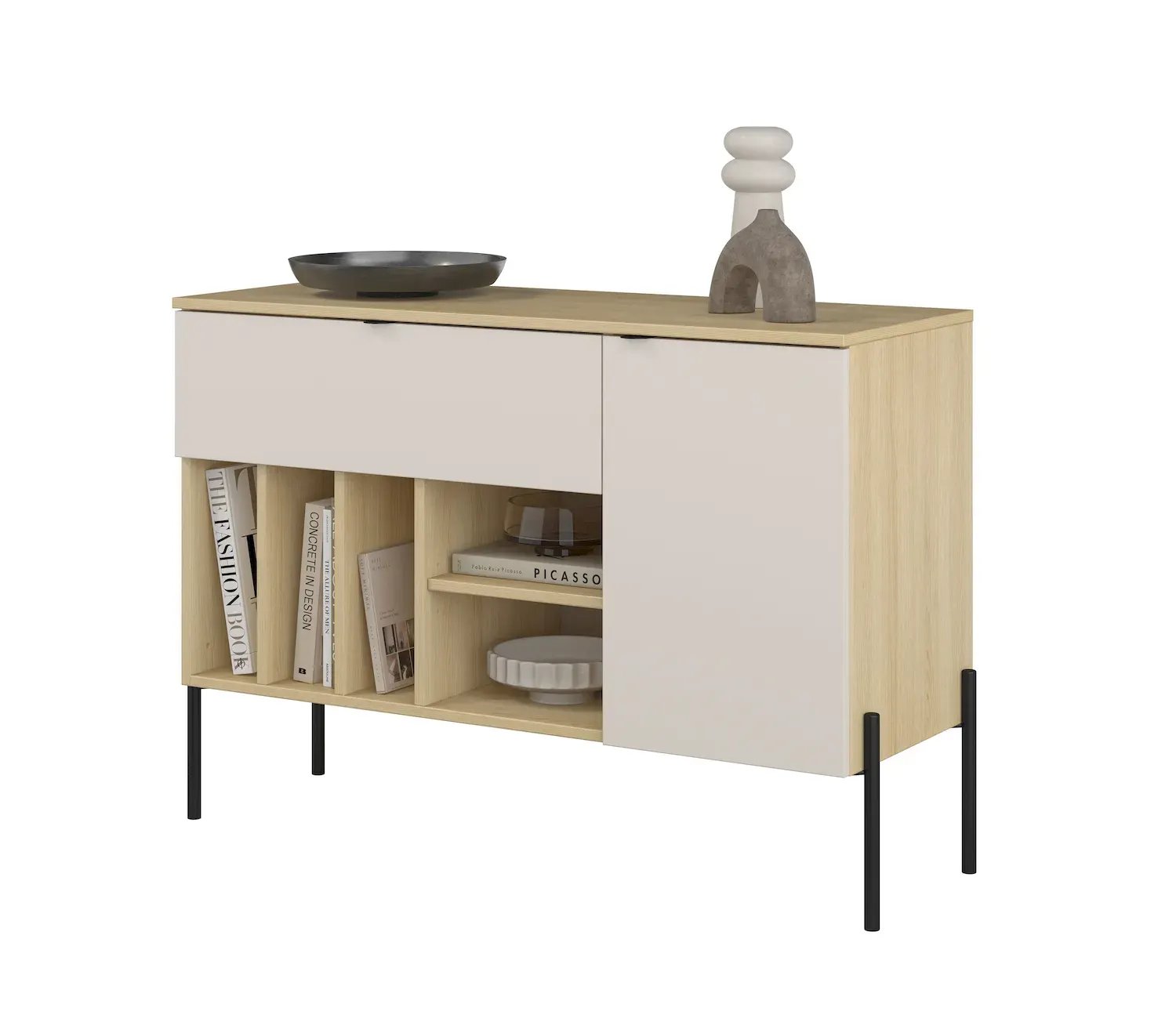 Komoda z szafką i szufladą ORE 105 cm dąb lindberg kaszmir czarne nóżki - 24LKOG45