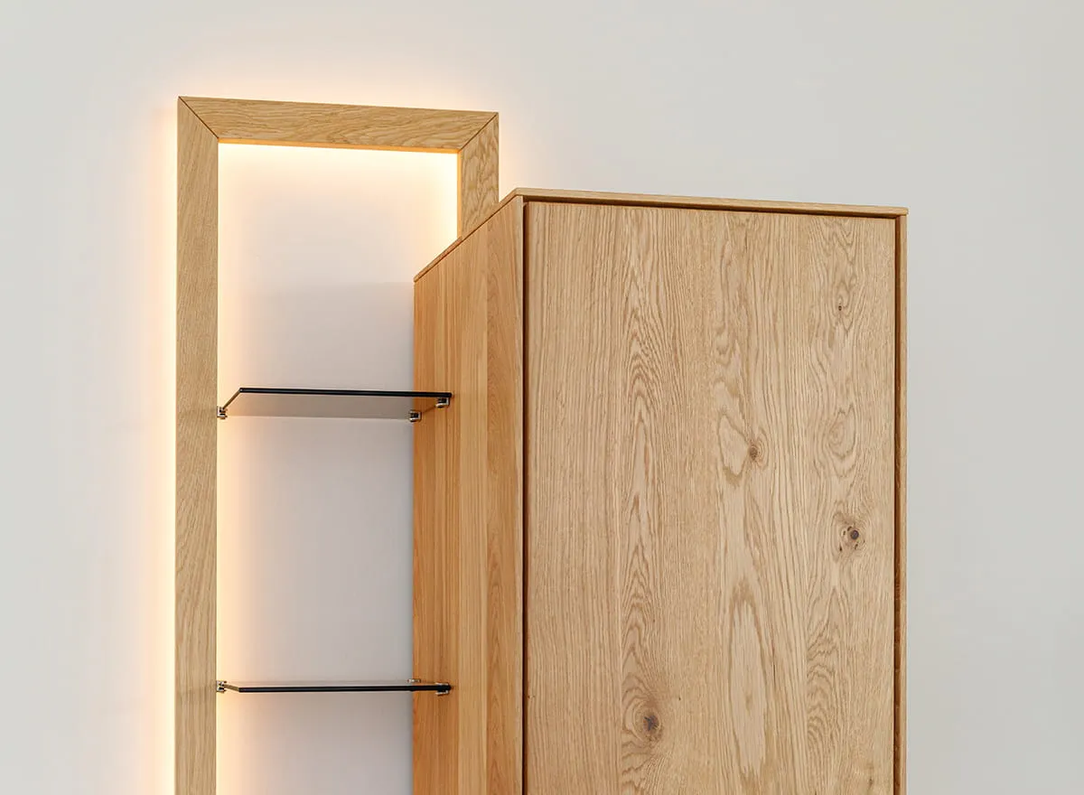 Witryna z regałem dębowa COLLODI z oświetleniem - dąb olejowany - ZICOL03