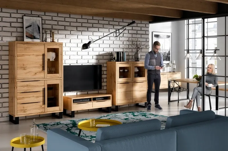 Szafka RTV 2-drzwiowa z półkami HALLE 180 cm dąb Wotan - 24N0HK40