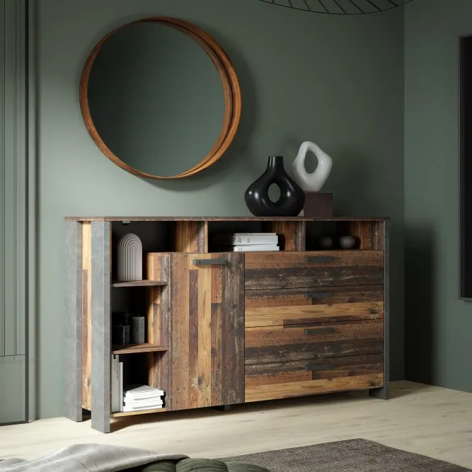 Komoda CLIF 1-drzwiowa z regałem i 4 szufladami - old wood vintage, beton - CLFK352L-C546