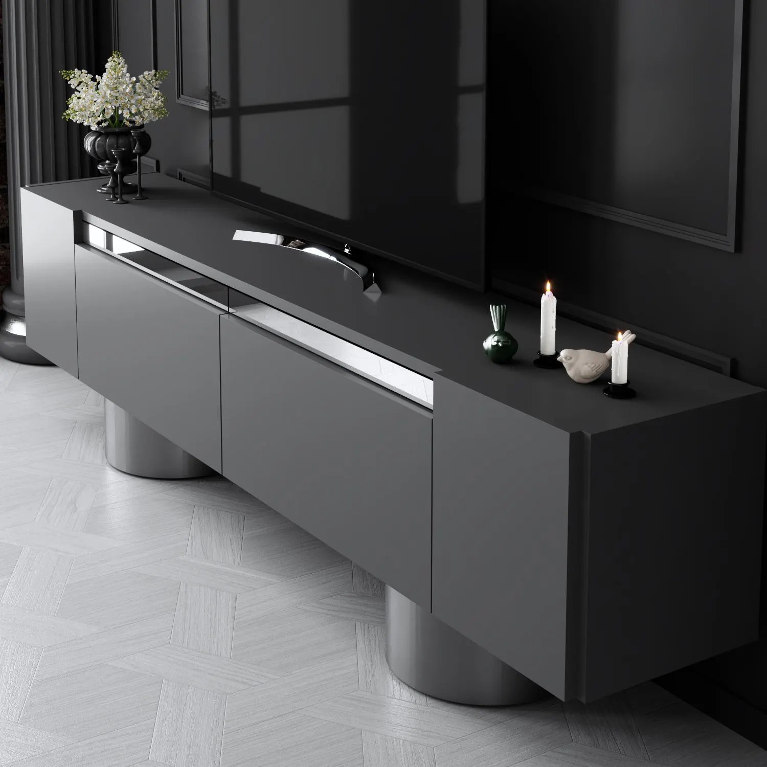 Szafka RTV z 2 klapami na blaszanych nogach BOHEM 180x50x30 cm antracyt srebrny - ASI_618BLY1263