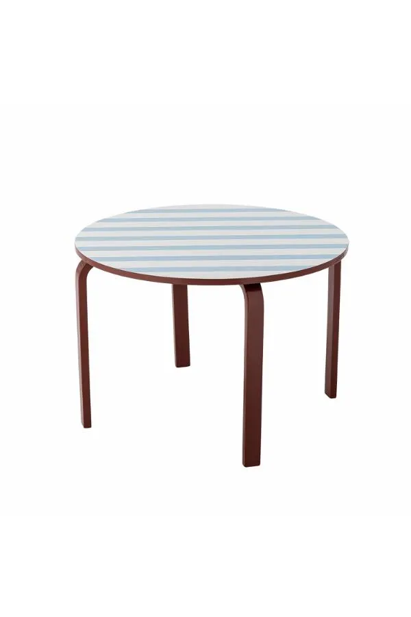 stół, okrągły, drewniany, niebieskie pasy, indoor table