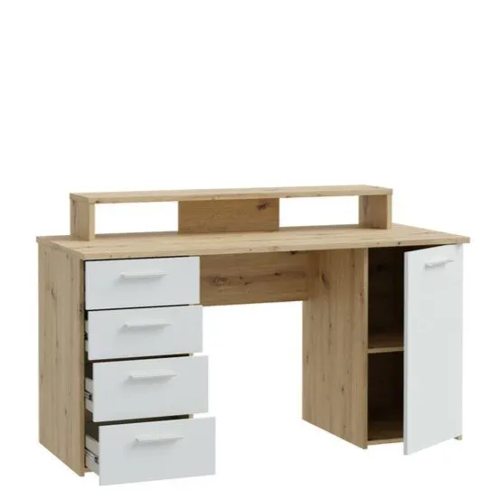 Biurko NET106 z szafką, 4 szufladami i nadstawką na komputer- biały, jasoszary - MT980-M823