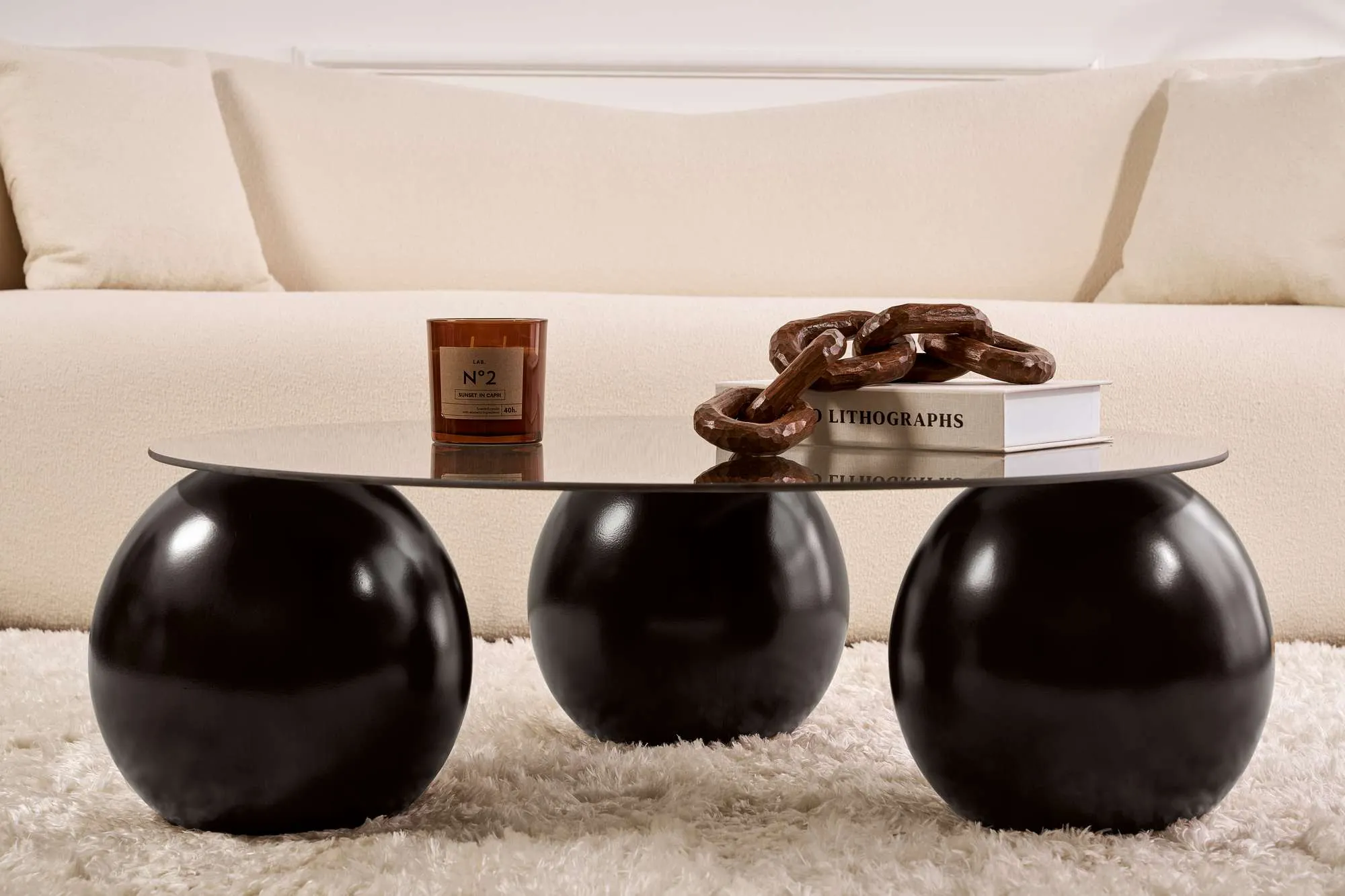 Stolik kawowy szklany okrągły MIRO 85 cm kuliste czarne nogi blat szary - ASI_857NRD1120