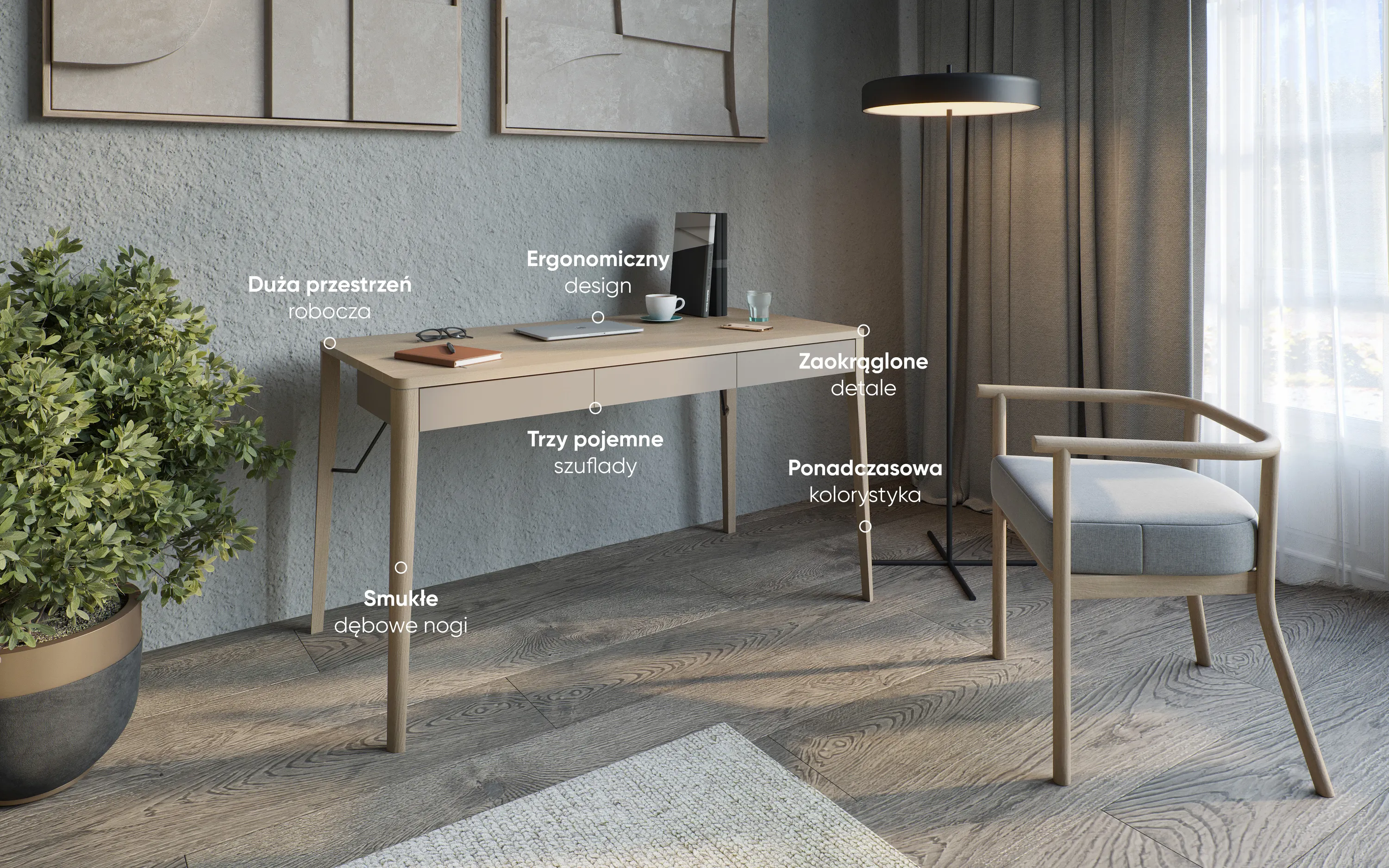 Biurko z 3 szufladami MATCH MK-01 dąb jasny/beżowy - MK1DB