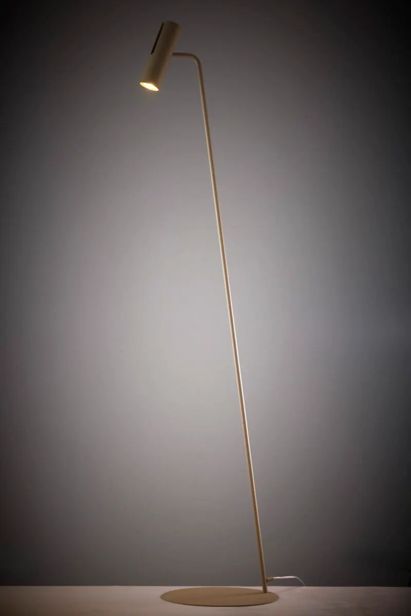 lampa stojąca, lampka podłogowa, minimalistyczna, drewniana, szara/telowy kolor