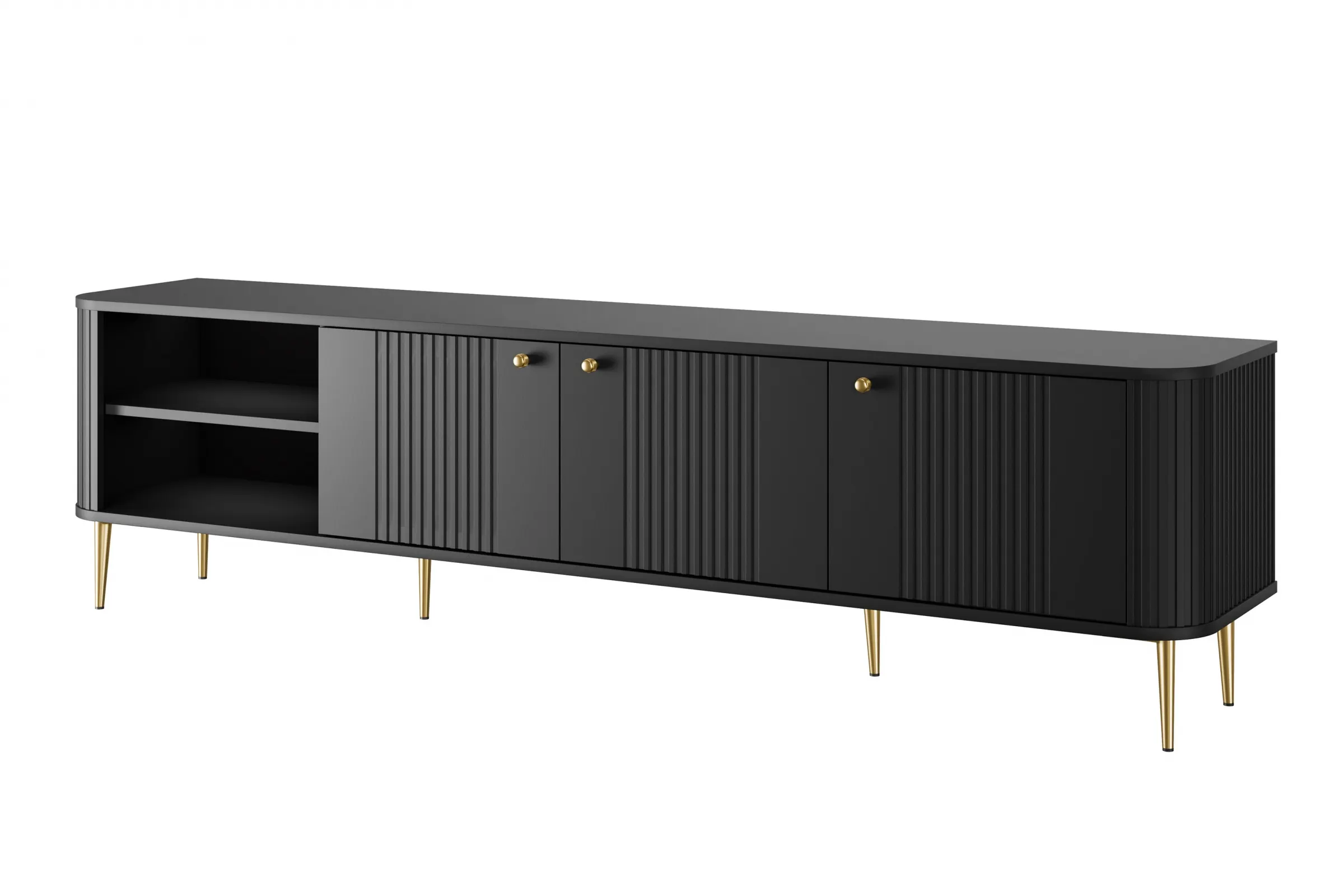 Szafka RTV 3-drzwiowa VESPER RTV 187 ryflowany front czarna złote nogi Meble, Kredens, Łóżeczko, Łóżko dziecięce, Gabinet