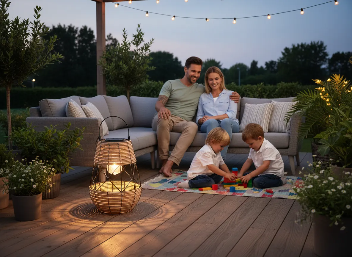 outdoor living, sofa set, string lights, lantern lamp, children playing